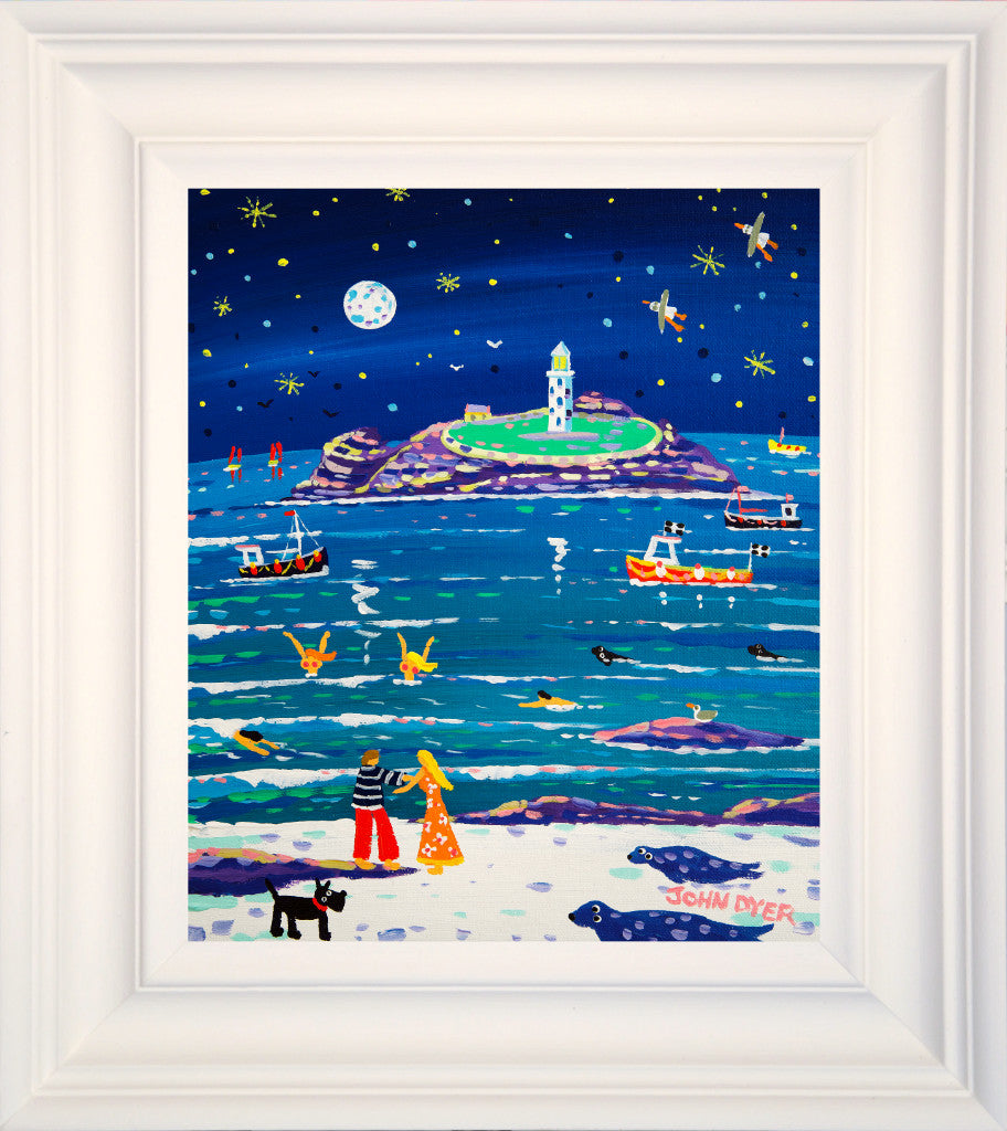 Love and laughter are the sentiments of this painting of Godrevy by Cornish artist John Dyer. A couple dance and sway on the shoreline, while skinny dippers laugh and play in the water. All this is under a full moon and a star filled sky. Seals look on and fishing boats bob about bringing in their catch. This romantic painting will bring joy to all.