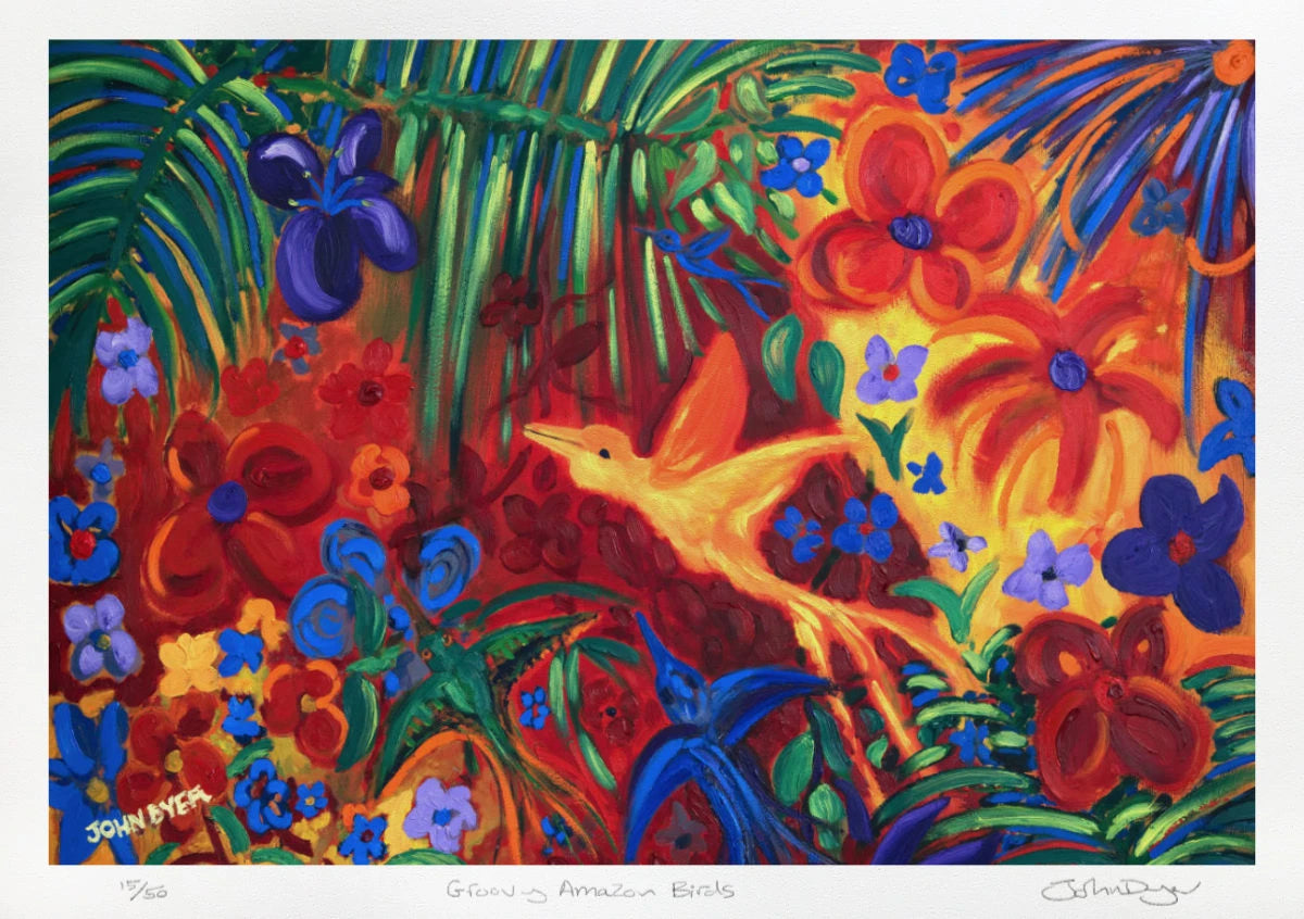 Rainforest Art Limited Edition Jungle Print by Environmental Artist John Dyer. 'Groovy Amazon Birds'. Animal Art Prints John Dyer