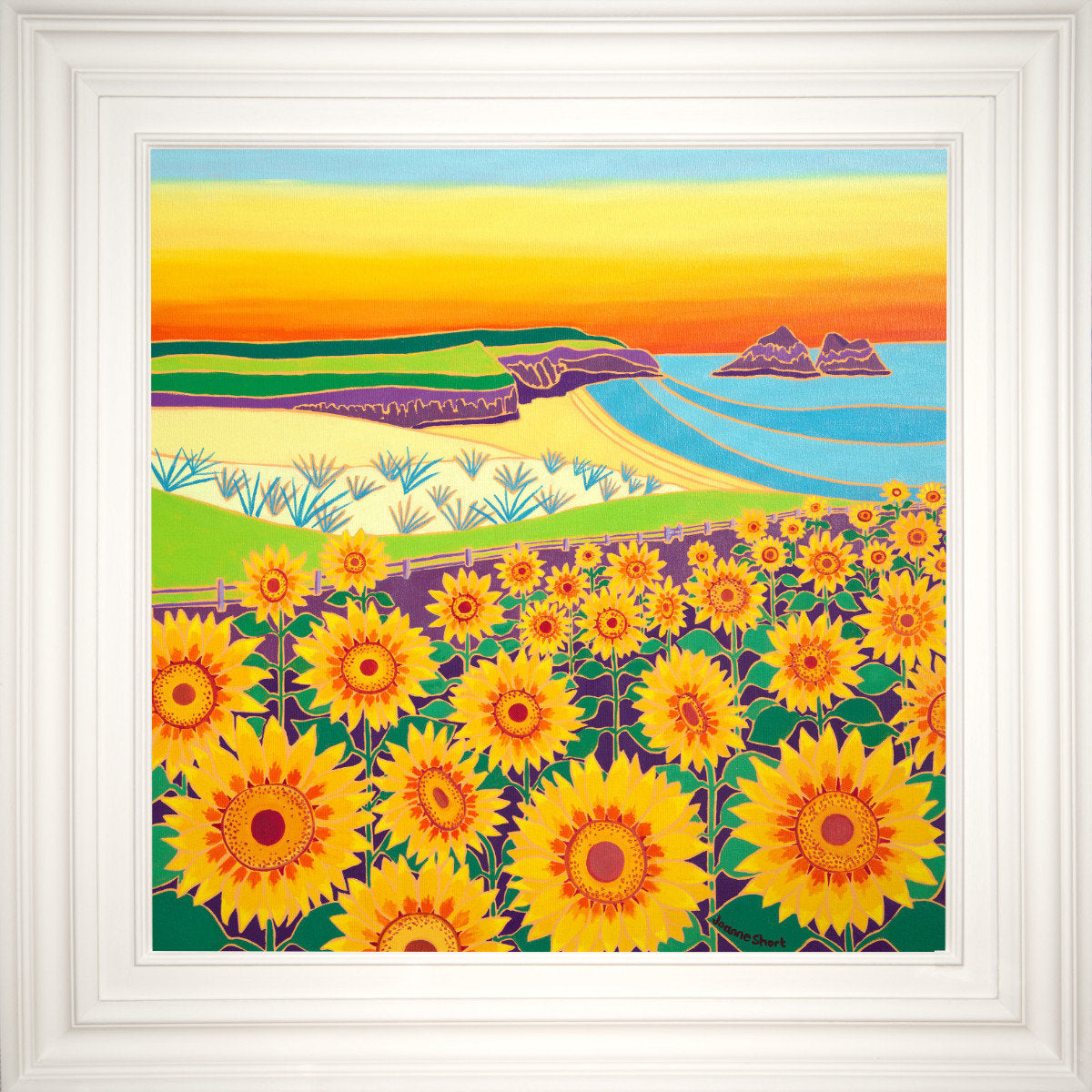 'Sunny Sunflowers, Holywell Bay’. 24x24 inches oil on canvas. Paintings of Cornwall by Cornish Artist Joanne Short from our Cornwall Art Gallery
