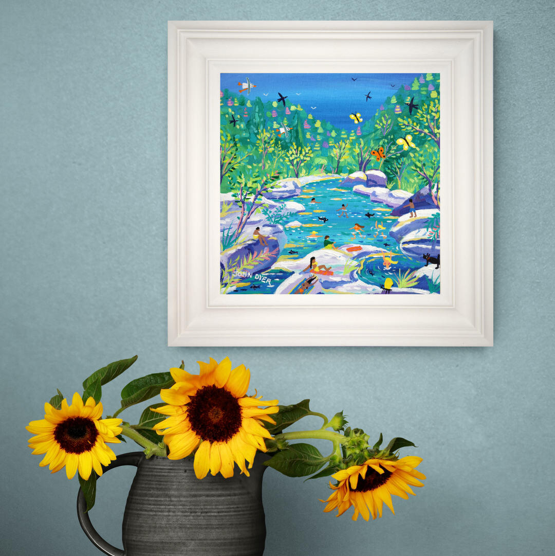 'Swimming in Paradise, Rocchetta Nervina, Rio Barbaira, Italy', 12x12 inches acrylic on canvas. Paintings of France by British Artist John Dyer. Italian Art Gallery