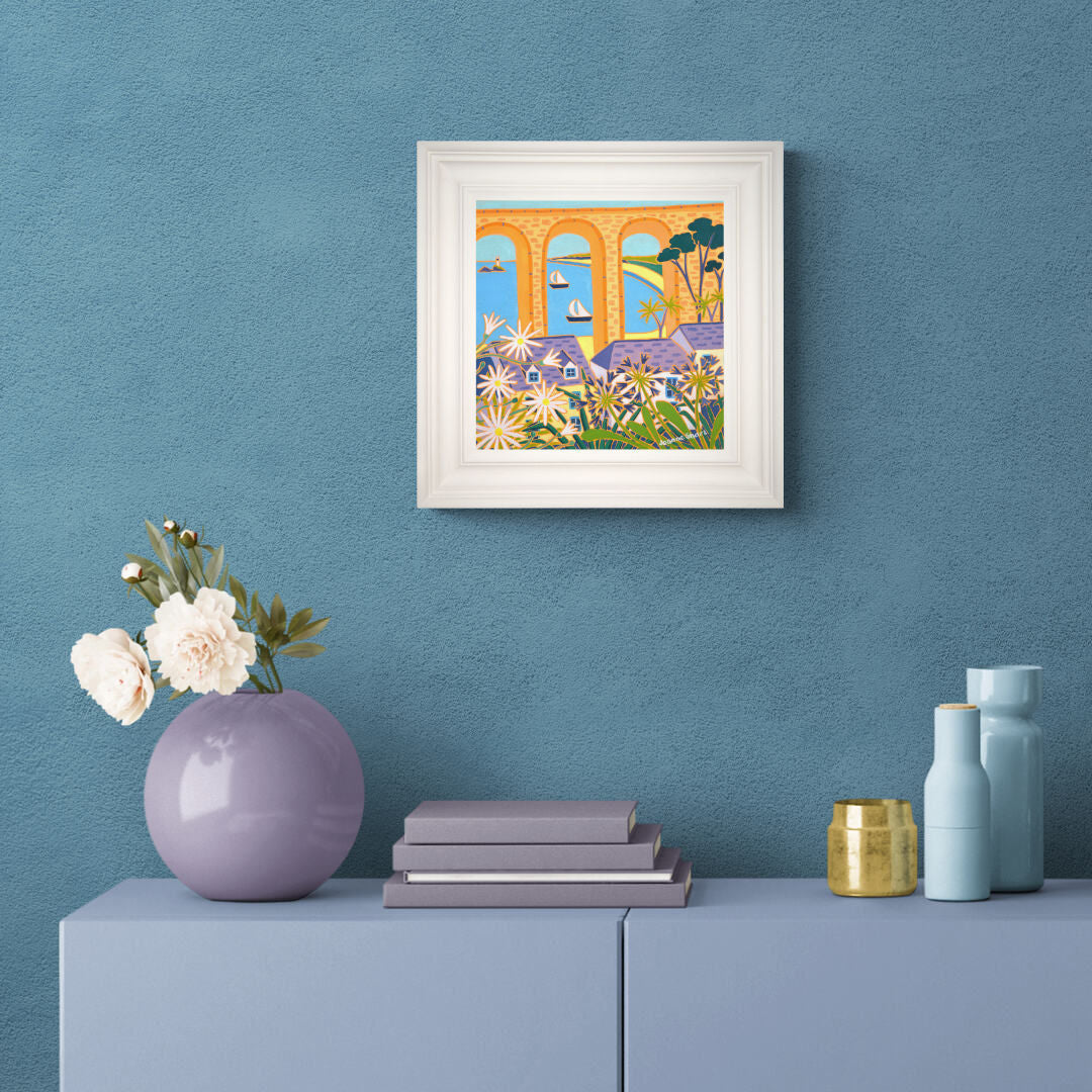 'Sailing Past the Viaduct Carbis Bay', 12x12 inches oil on canvas. Painting by Cornish Artist Joanne Short. Cornish Art from our Cornwall Art Gallery Joanne Short