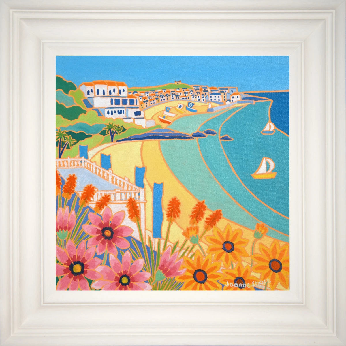 'Flowers and Flags Porthminster Beach St Ives', 12x12 inches oil on canvas. Painting by Cornish Artist Joanne Short. Cornish Art from our Cornwall Art Gallery Joanne Short