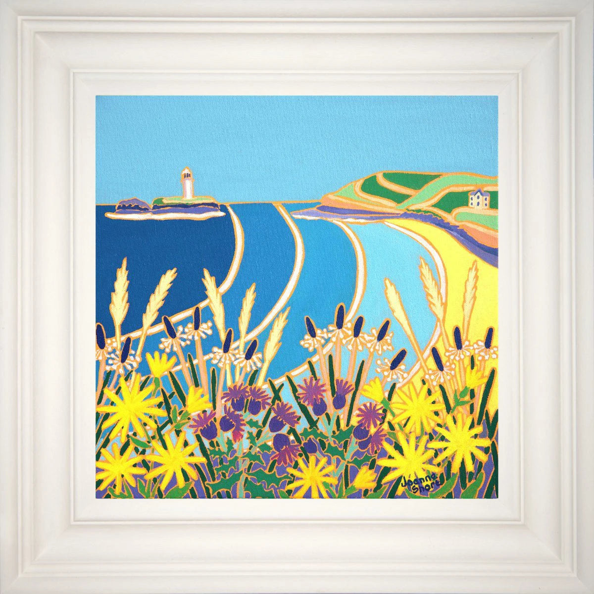 'Wild Flowers on the Cliff, Godrevy'. 12x12 inches oil on canvas. Paintings of Cornwall by Cornish Artist Joanne Short from our Cornwall Art Gallery Joanne Short