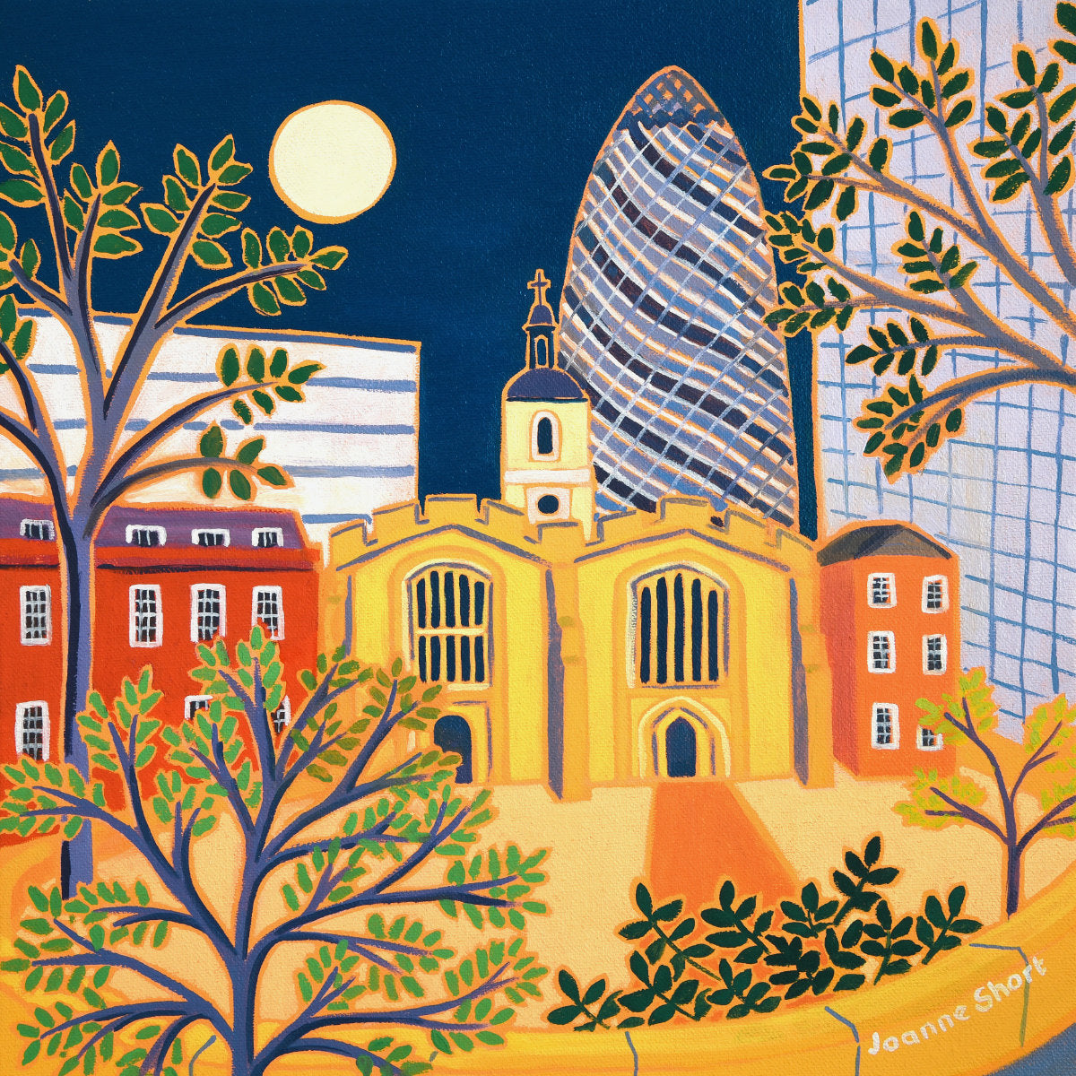 'The Old and the New, St Helen's Bishopsgate, London', 12x12 inches oil on canvas. Painting by British Artist Joanne Short.