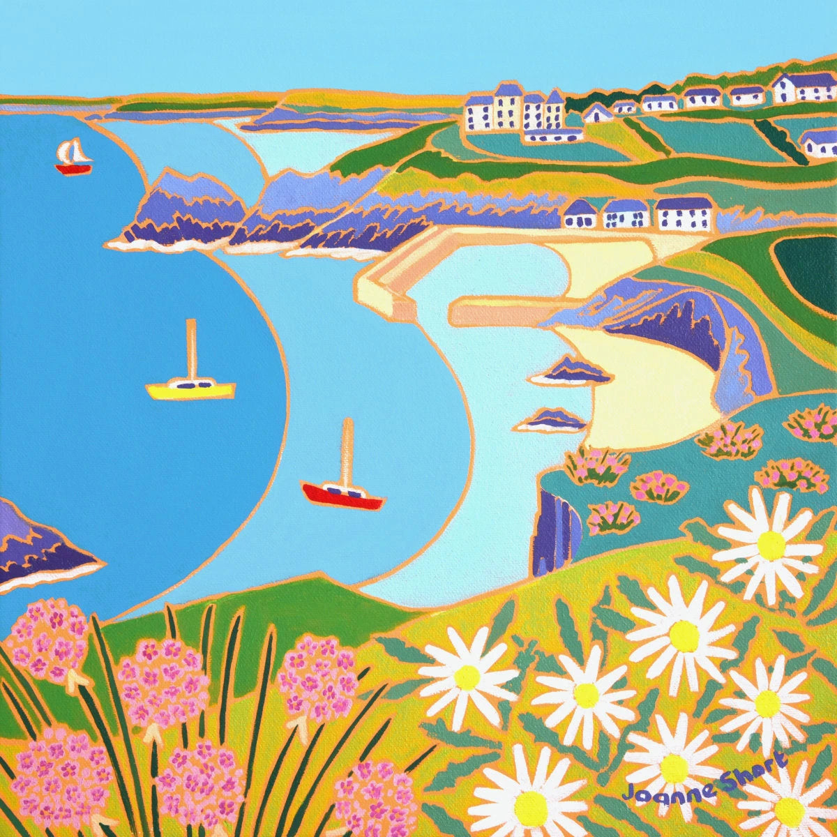 'Wildflowers on the Cliffs, Mullion', 12x12 inches oil on canvas. Painting by Cornish Artist Joanne Short. Cornish Art from our Cornwall Art Gallery Joanne Short
