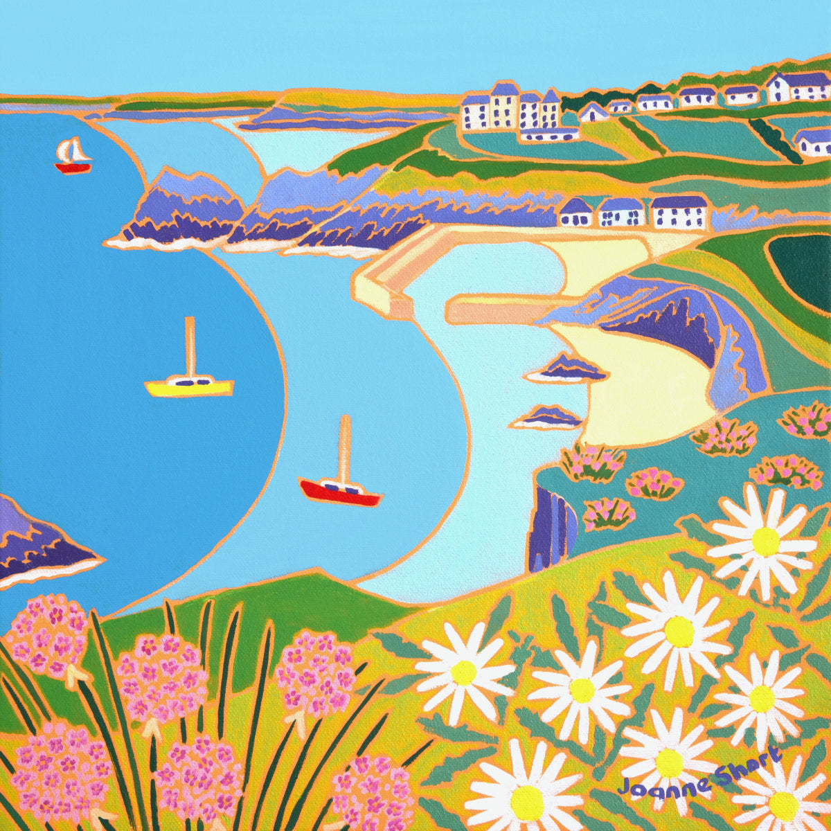 'Wildflowers on the Cliffs, Mullion', 12x12 inches oil on canvas. Painting by Cornish Artist Joanne Short. Cornish Art from our Cornwall Art Gallery