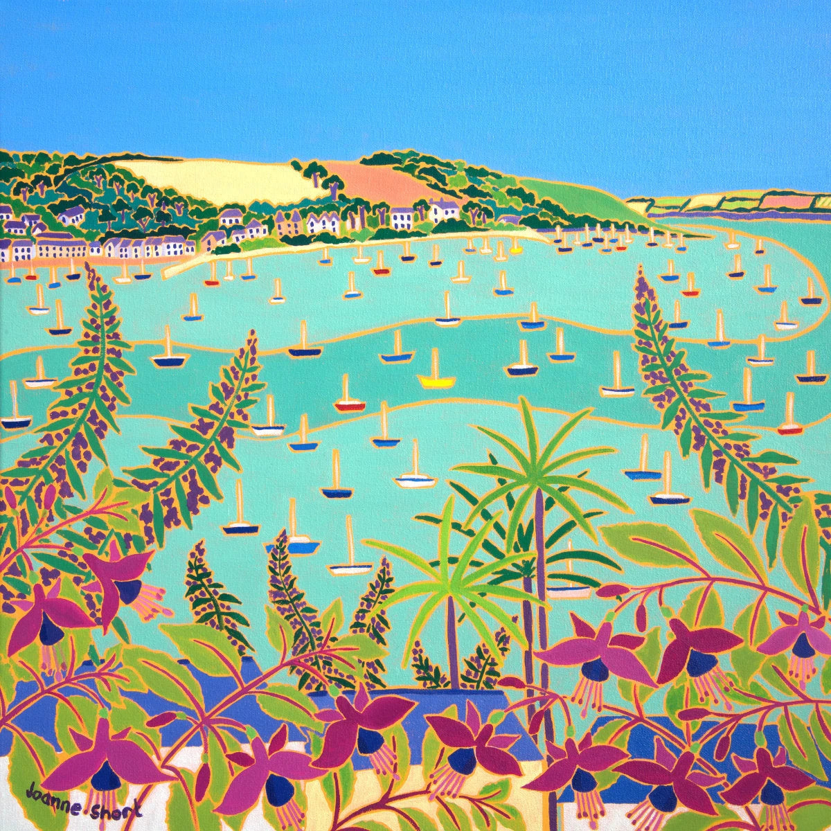 'View through Summer Flowers to Trefusis Point'. 18x18 inches oil on canvas. Paintings of Cornwall. Cornish Artist Joanne Short. Cornwall Art Gallery Joanne Short