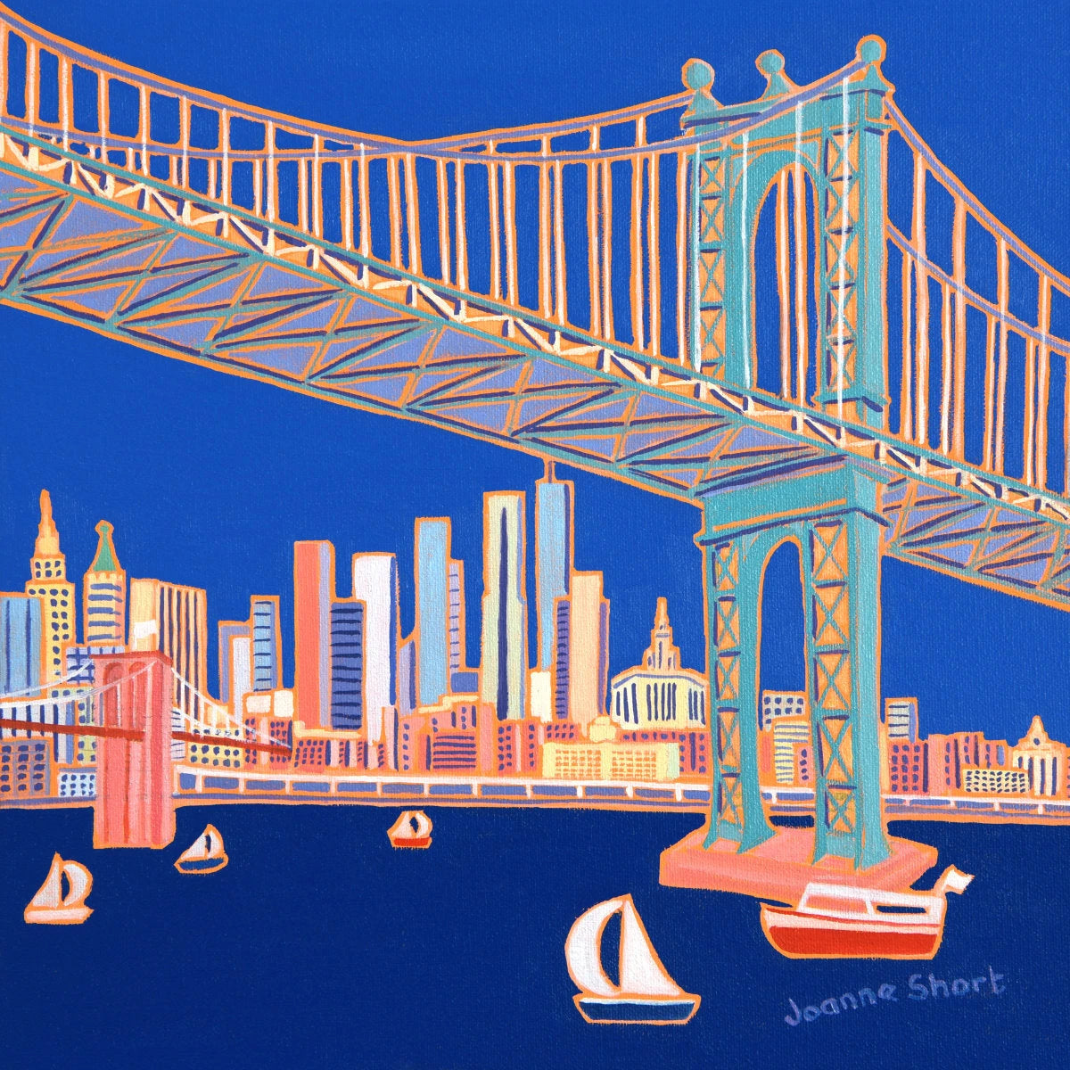 'Sailing under the Bridges, Manhattan, New York', 12x12 inches oil on canvas by British Artist Joanne Short. American Art Gallery Joanne Short