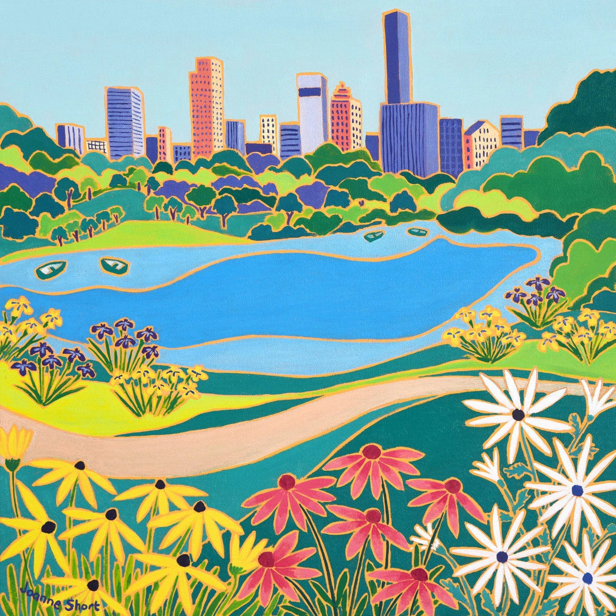 'Lakeside Flowers, Central Park, New York',
18 x 18 inches, oil on canvas. Paintings of America by British Artist Joanne Short. American Art Gallery Joanne Short