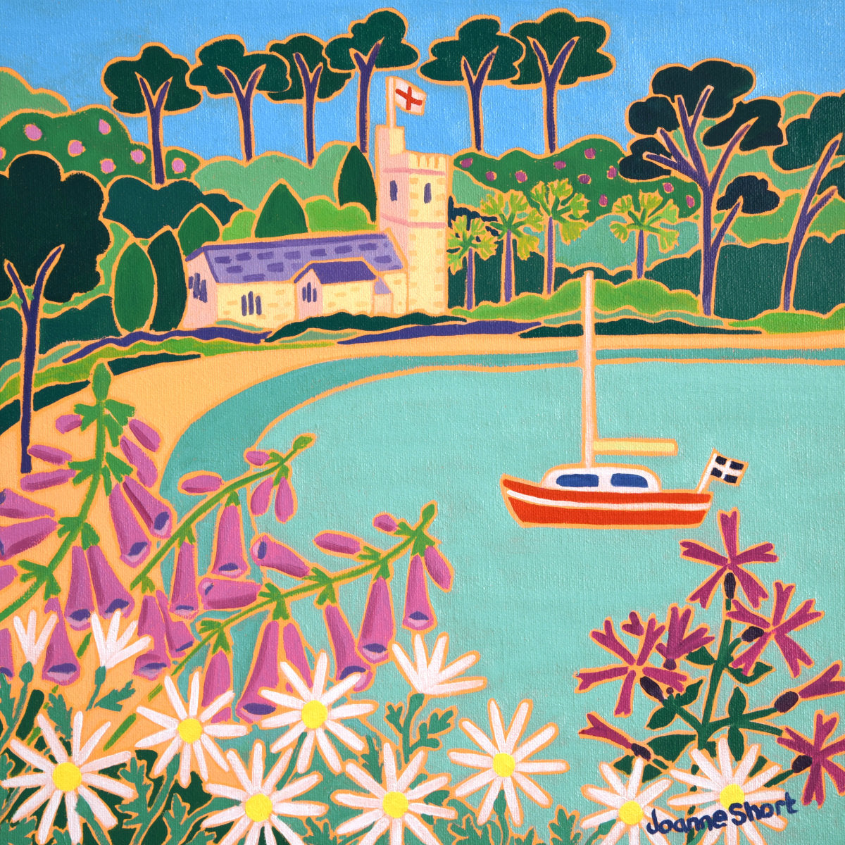 'High Tide, St Just in Roseland', 12x12 inches oil on canvas. Cornwall Painting by Cornish Artist Joanne Short. Cornish Art from our Cornwall Art Gallery