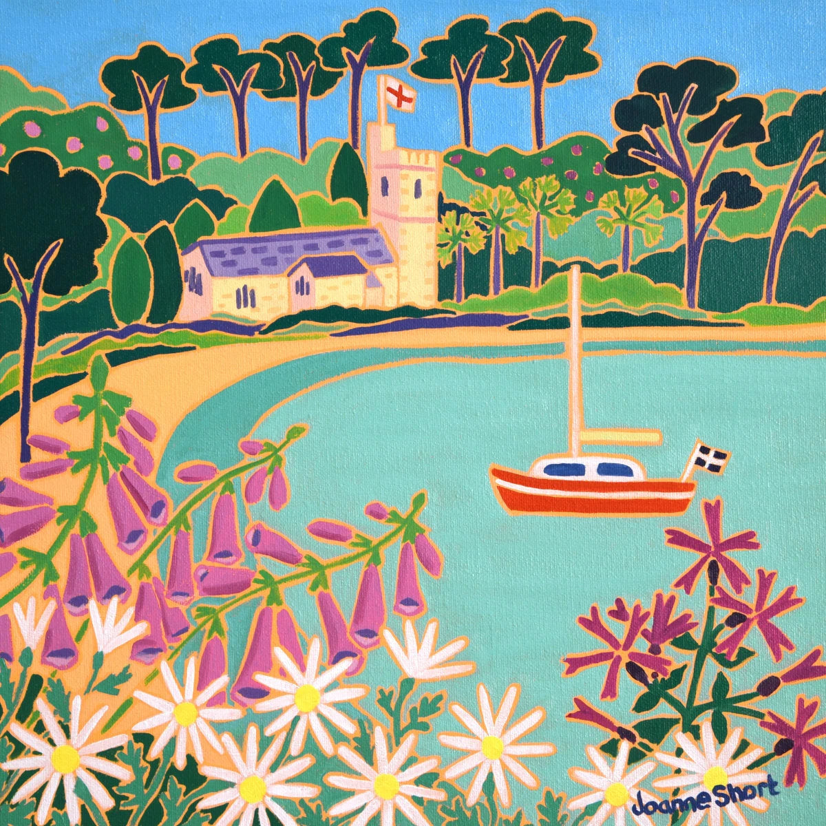 'High Tide, St Just in Roseland', 12x12 inches oil on canvas. Cornwall Painting by Cornish Artist Joanne Short. Cornish Art from our Cornwall Art Gallery Joanne Short