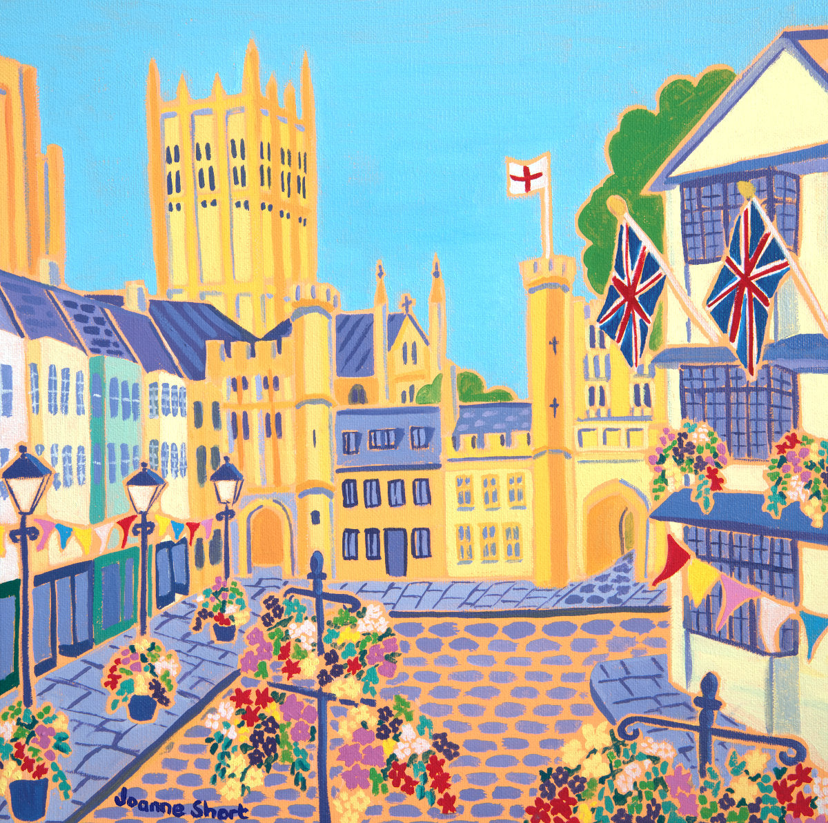 'Hanging Baskets, Bunting & Flags, Market Square, Wells'. 12x12 inches oil on canvas. Paintings of Somerset by Joanne Short. Somerset Art Gallery Joanne Short