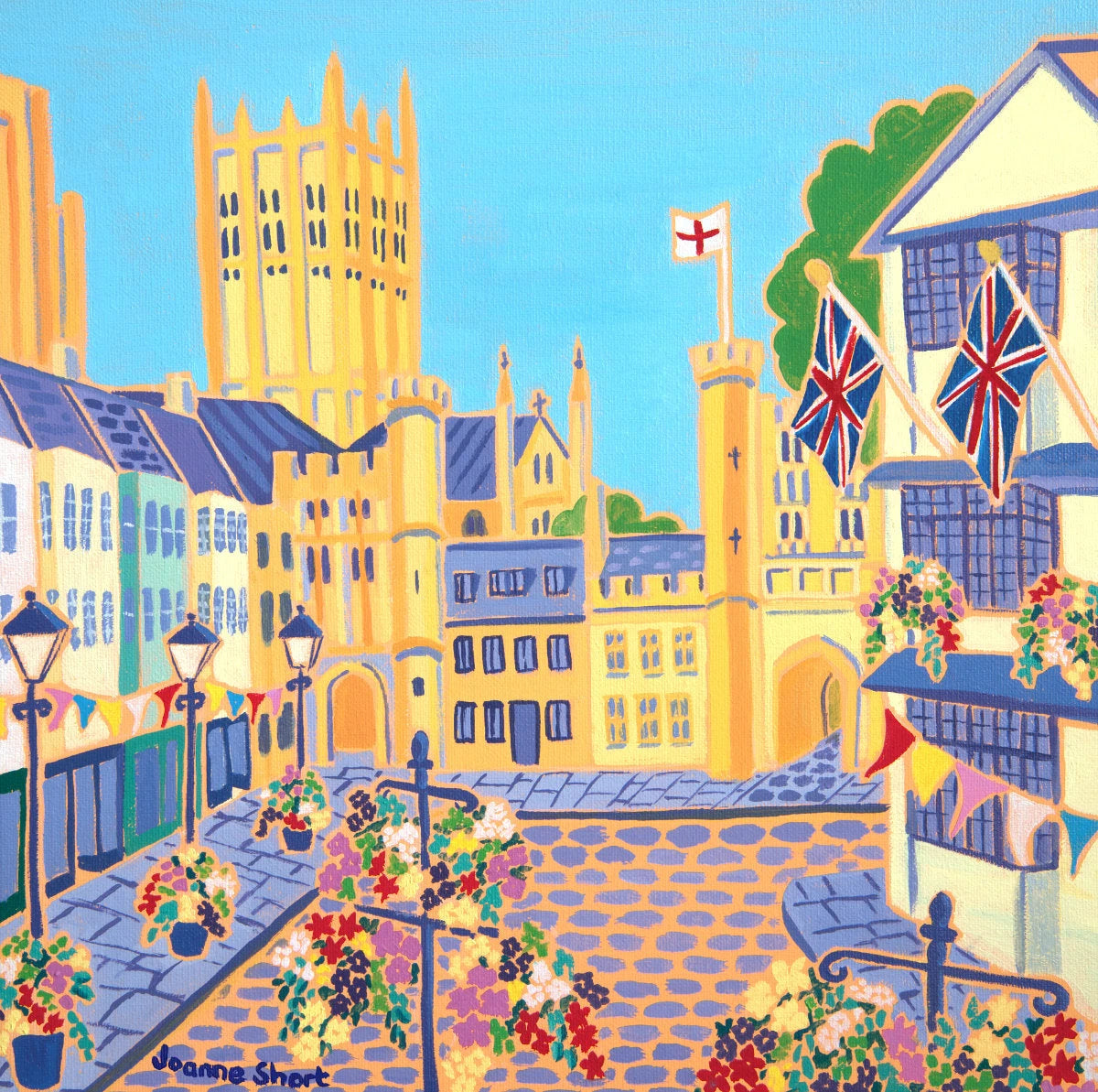 'Hanging Baskets, Bunting & Flags, Market Square, Wells'. 12x12 inches oil on canvas. Paintings of Somerset by Joanne Short. Somerset Art Gallery Joanne Short