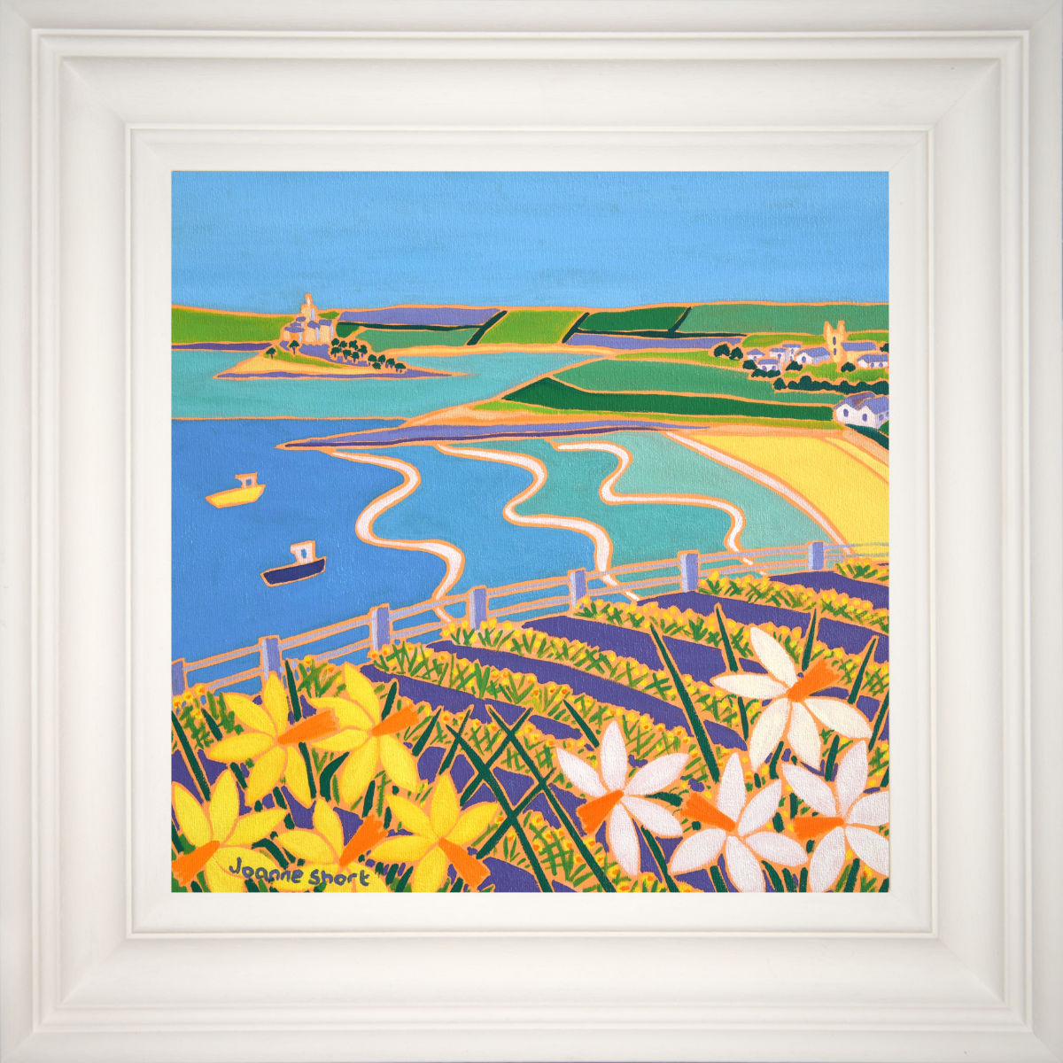 'Spring Daffodils, Perranuthnoe, Mount's Bay', 12x12 inches oil on canvas. Cornwall Painting by Cornish Artist Joanne Short. Cornish Art from our Cornwall Art Gallery