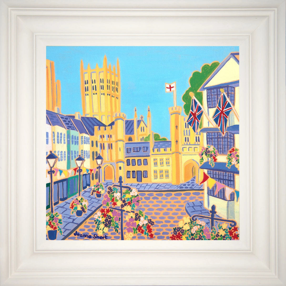 'Hanging Baskets, Bunting & Flags, Market Square, Wells'. 12x12 inches oil on canvas. Paintings of Somerset by Joanne Short. Somerset Art Gallery Joanne Short