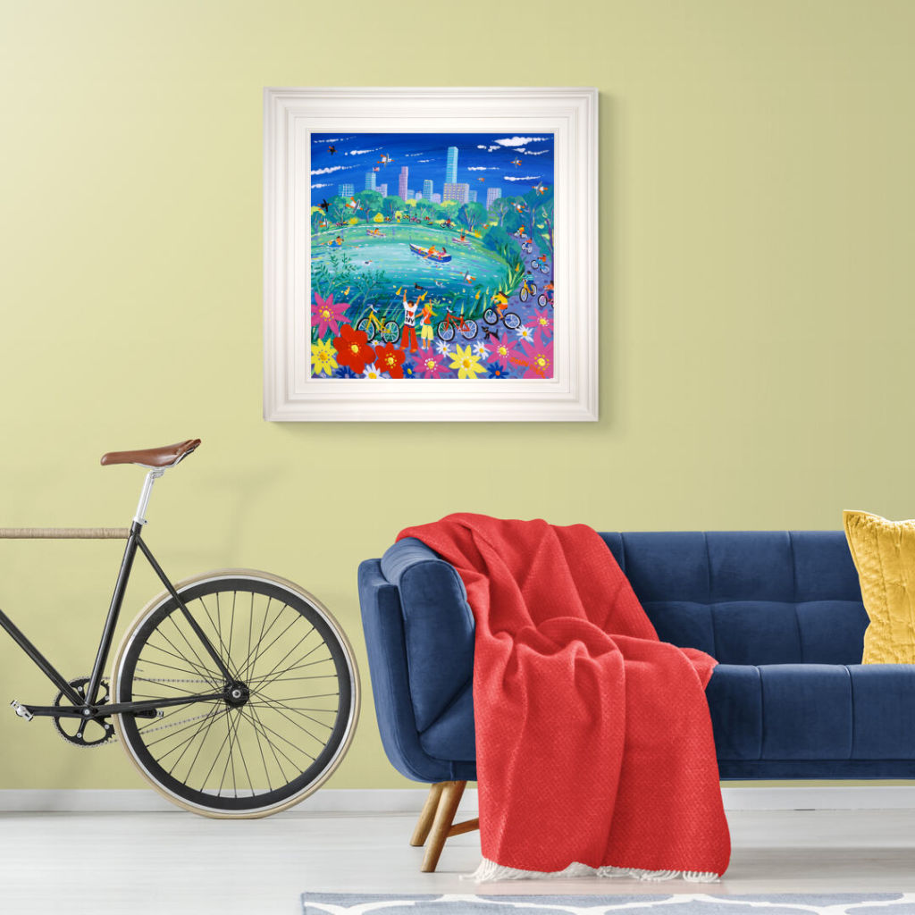 'Cycling around Central Park, New York', 24x24 inches acrylic on canvas. Paintings of America by British Artist John Dyer. American Art Gallery