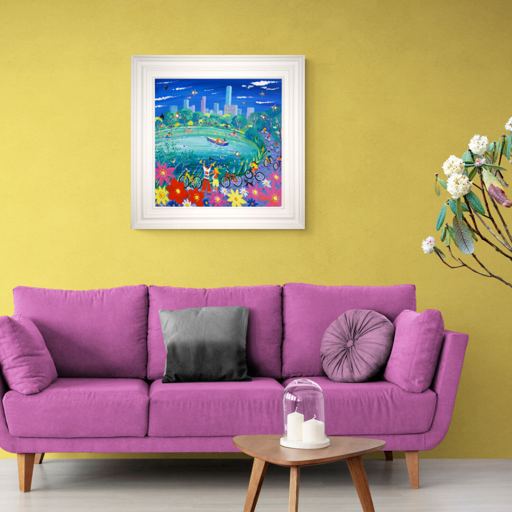 'Cycling around Central Park, New York', 24x24 inches acrylic on canvas. Paintings of America by British Artist John Dyer. American Art Gallery