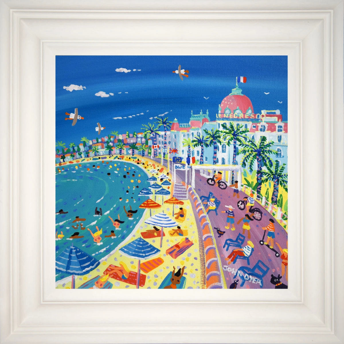 'Summer Fun on the Beach, Le Negresco, Nice', 12x12 inches acrylic on canvas. Paintings of France by British Artist John Dyer. French Art Gallery John Dyer