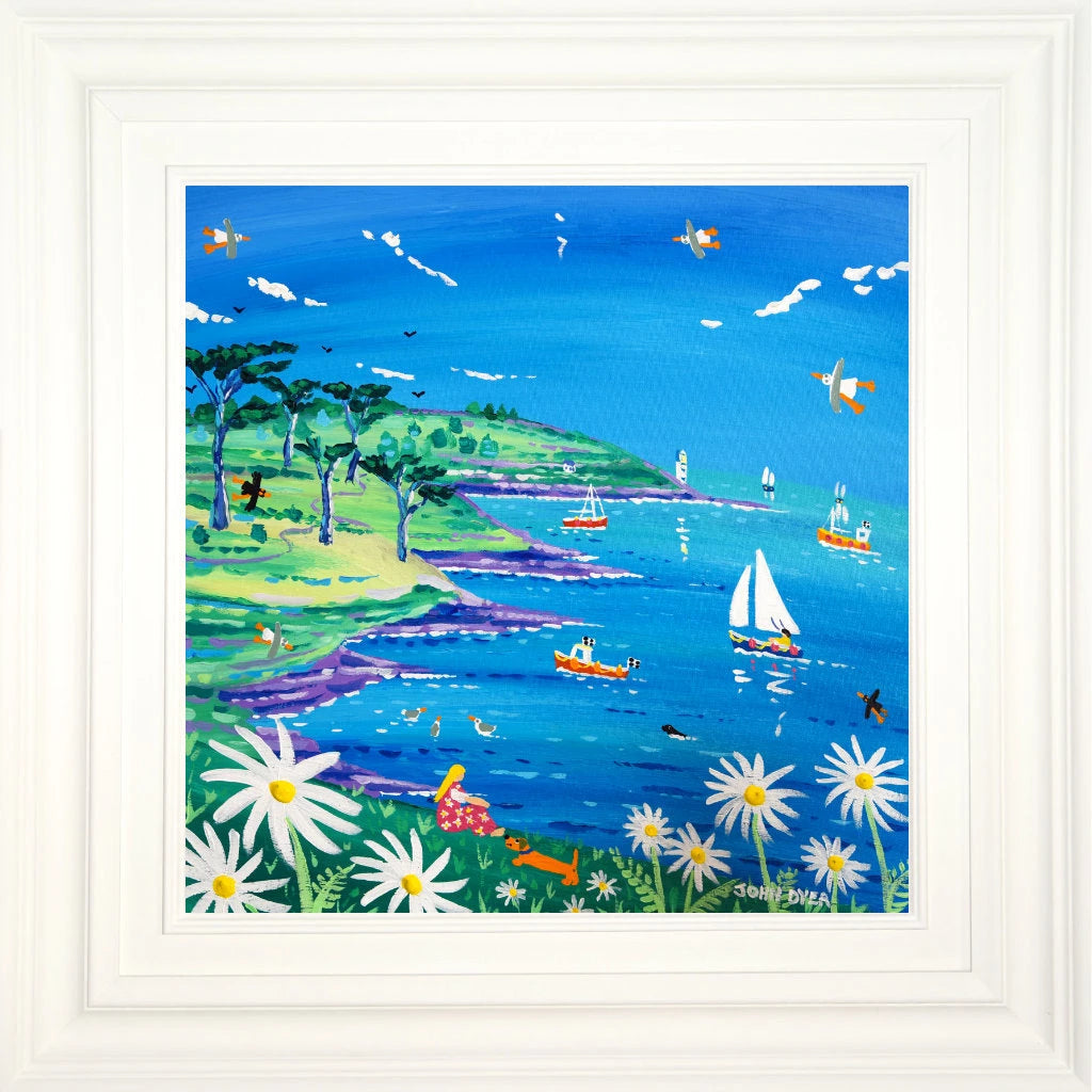 'View to the Lighthouse, Roseland Peninsula', 18x18 inches acrylic on canvas. Cornwall Painting by Cornish Artist John Dyer. Cornish Art from our Cornwall Art Gallery John Dyer
