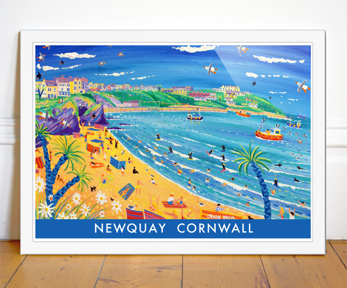 Cornish Art Print of Great Western Beach, Newquay in Cornwall by Cornish Artist John Dyer. Cornwall Art Gallery, Vintage Style Posters