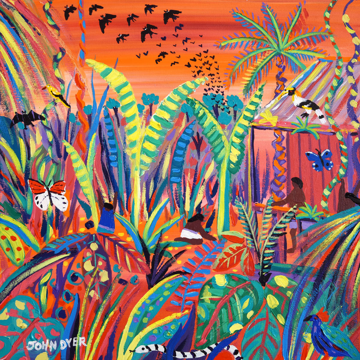 'Borneo Rainforest Sunset', 18x18 inches acrylic on canvas. Borneo Jungle Painting by Environmental Artist John Dyer. Eden Project Artist in Residence. John Dyer