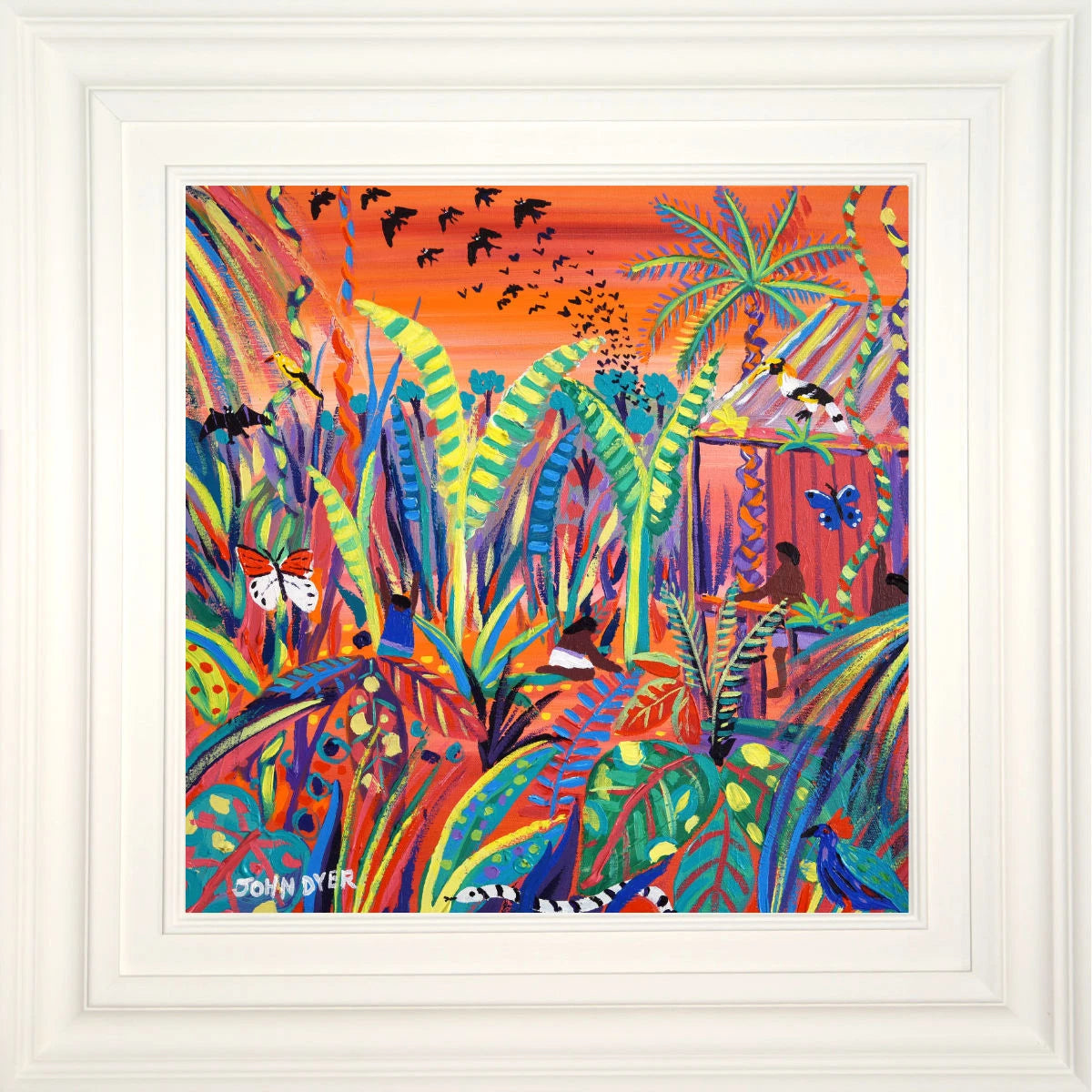 'Borneo Rainforest Sunset', 18x18 inches acrylic on canvas. Borneo Jungle Painting by Environmental Artist John Dyer. Eden Project Artist in Residence. John Dyer