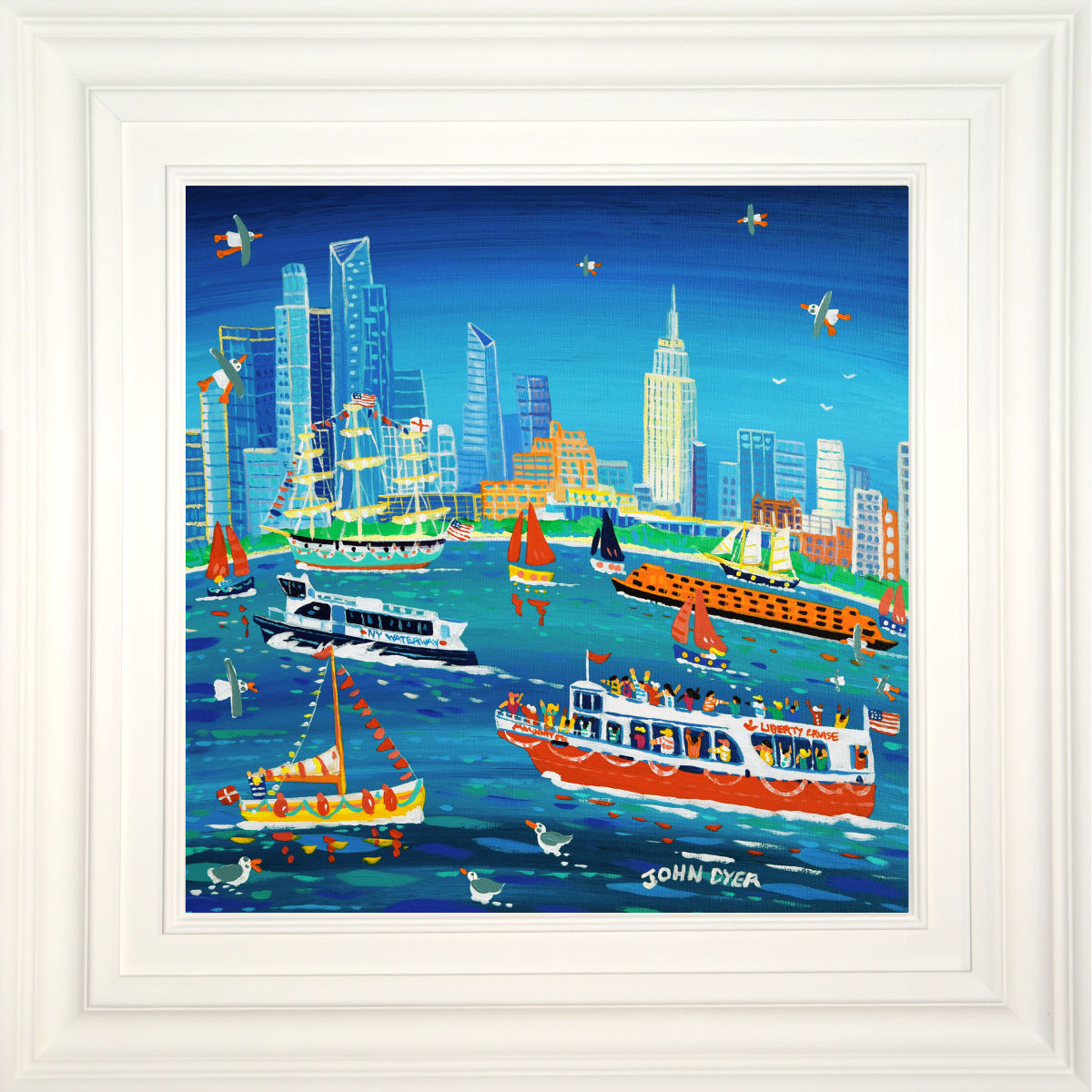 'Sailing around Manhattan, New York', 18x18 inches acrylic on canvas. Paintings of America by British Artist John Dyer. American Art Gallery