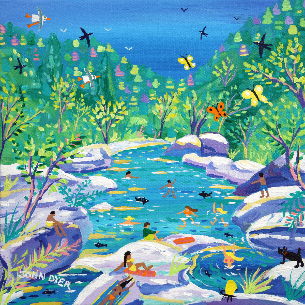 'Swimming in Paradise, Rocchetta Nervina, Rio Barbaira, Italy', 12x12 inches acrylic on canvas. Paintings of France by British Artist John Dyer. Italian Art Gallery
