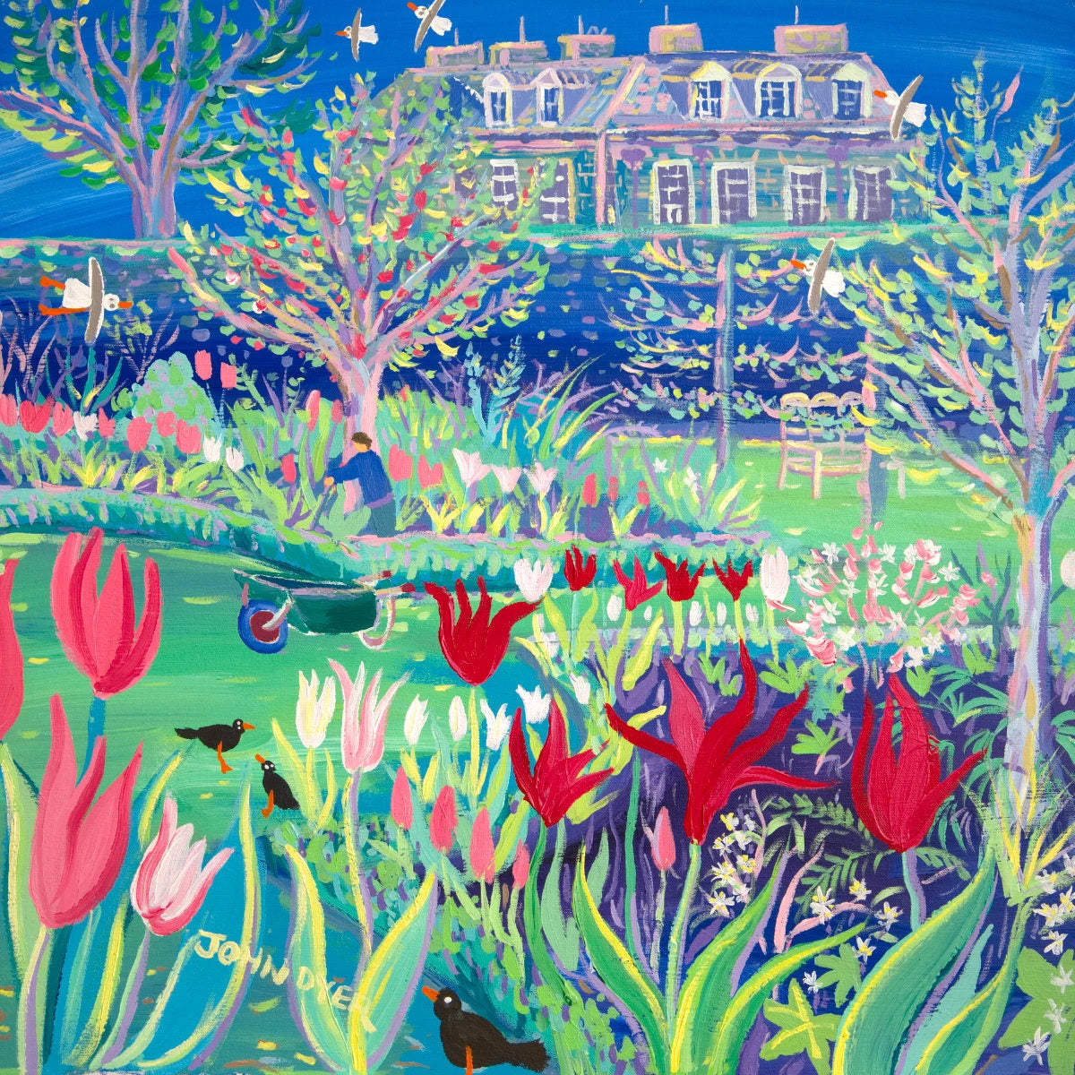 Original acrylic painting by John Dyer of the flower garden at Antony House in Cornwall, with red and white tulips, a gardener, wheelbarrow and Antony House beyond the hedge.