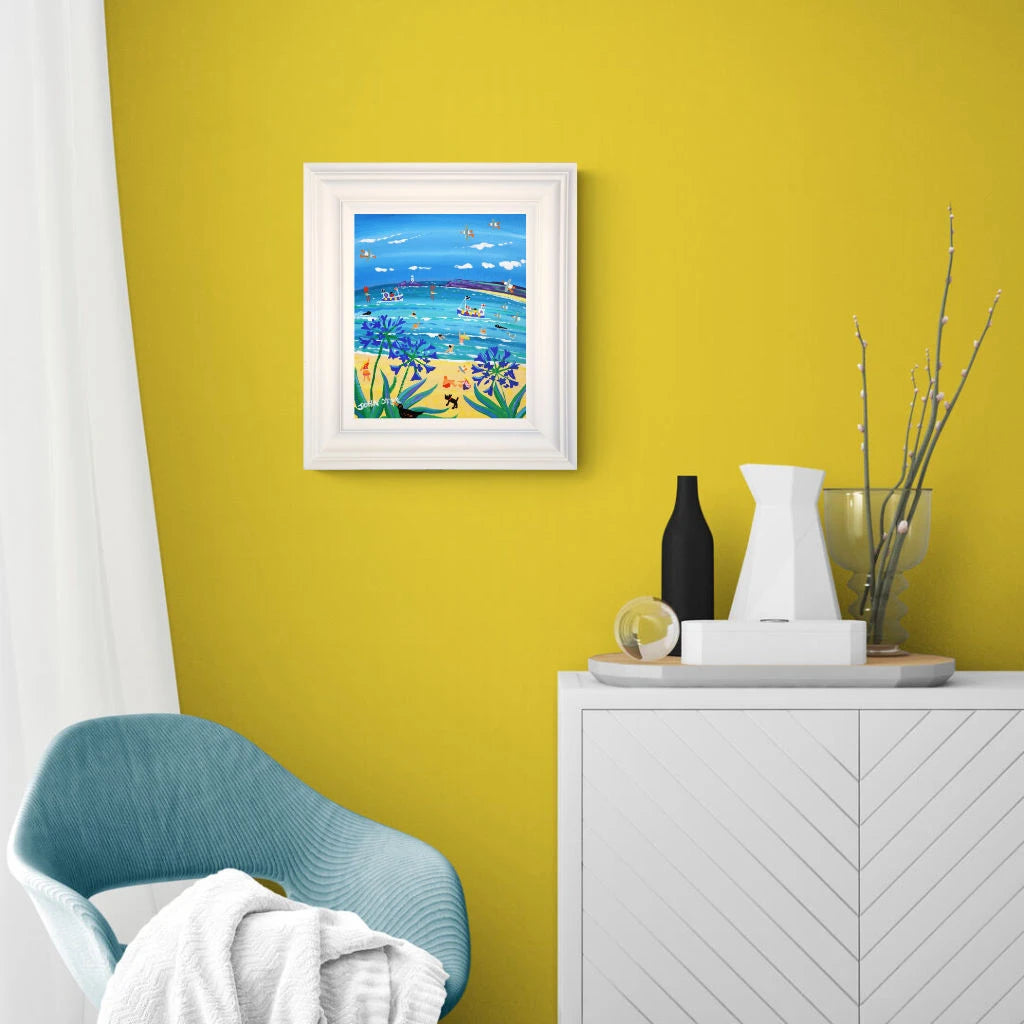 'Agapanthus Days, Carbis Bay', 12x10 inches acrylic on canvas. Cornwall Painting by Cornish Artist John Dyer. Cornish Art. John Dyer