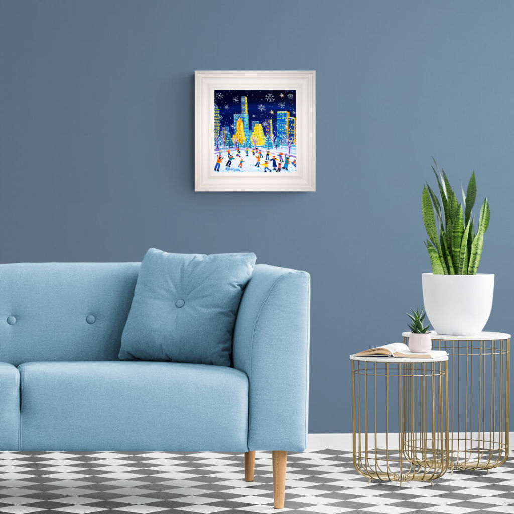 'Winter Wonderland, Central Park, New York', 12x12 inches acrylic on canvas. Paintings of America by British Artist John Dyer. American Art Gallery. Ice Skating