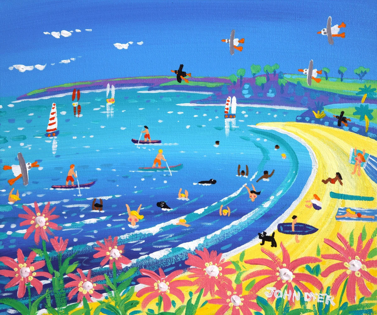 'Paddleboarding & Bathing, Gyllyngvase Beach, Falmouth', 12x10 inches acrylic on canvas. Painting by Cornish Artist John Dyer. Cornwall Art Gallery John Dyer