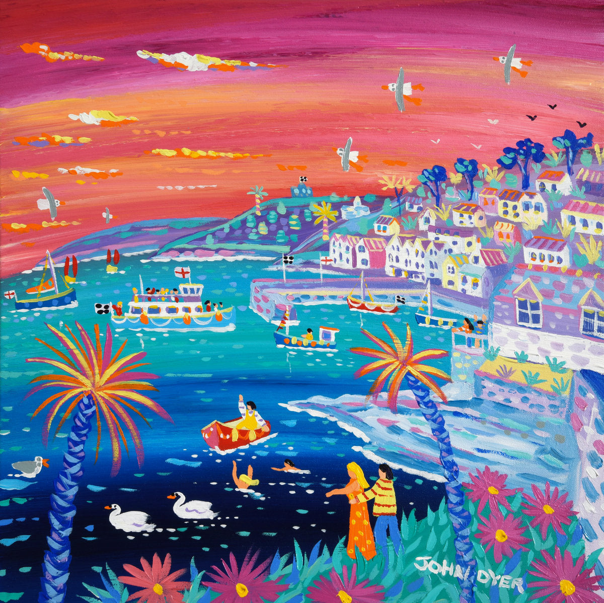 'Romantic Sunset, St Mawes', 18x18 inches acrylic on canvas. Cornwall Painting by Cornish Artist John Dyer. Cornish Art from our Cornwall Art Gallery
