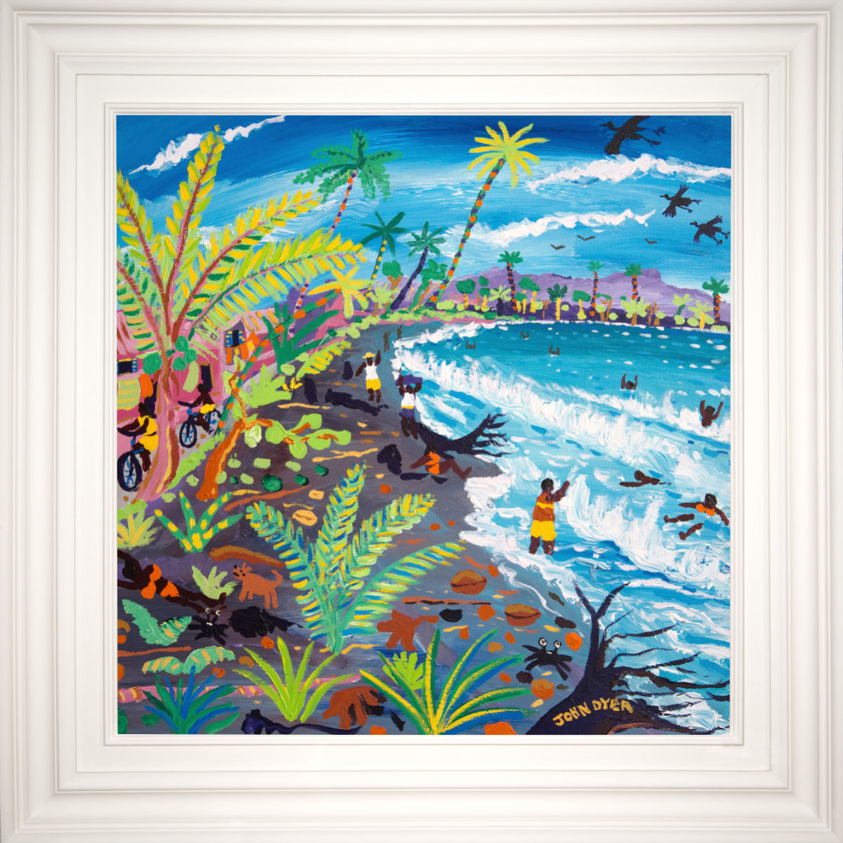 Colorful artwork of a tropical beach scene with people, palm trees, and animals. 'Caribbean Beach Life, Costa Rica', 24 x 24 inches acrylic on canvas. Caribbean Coastal painting by British Artist John Dyer