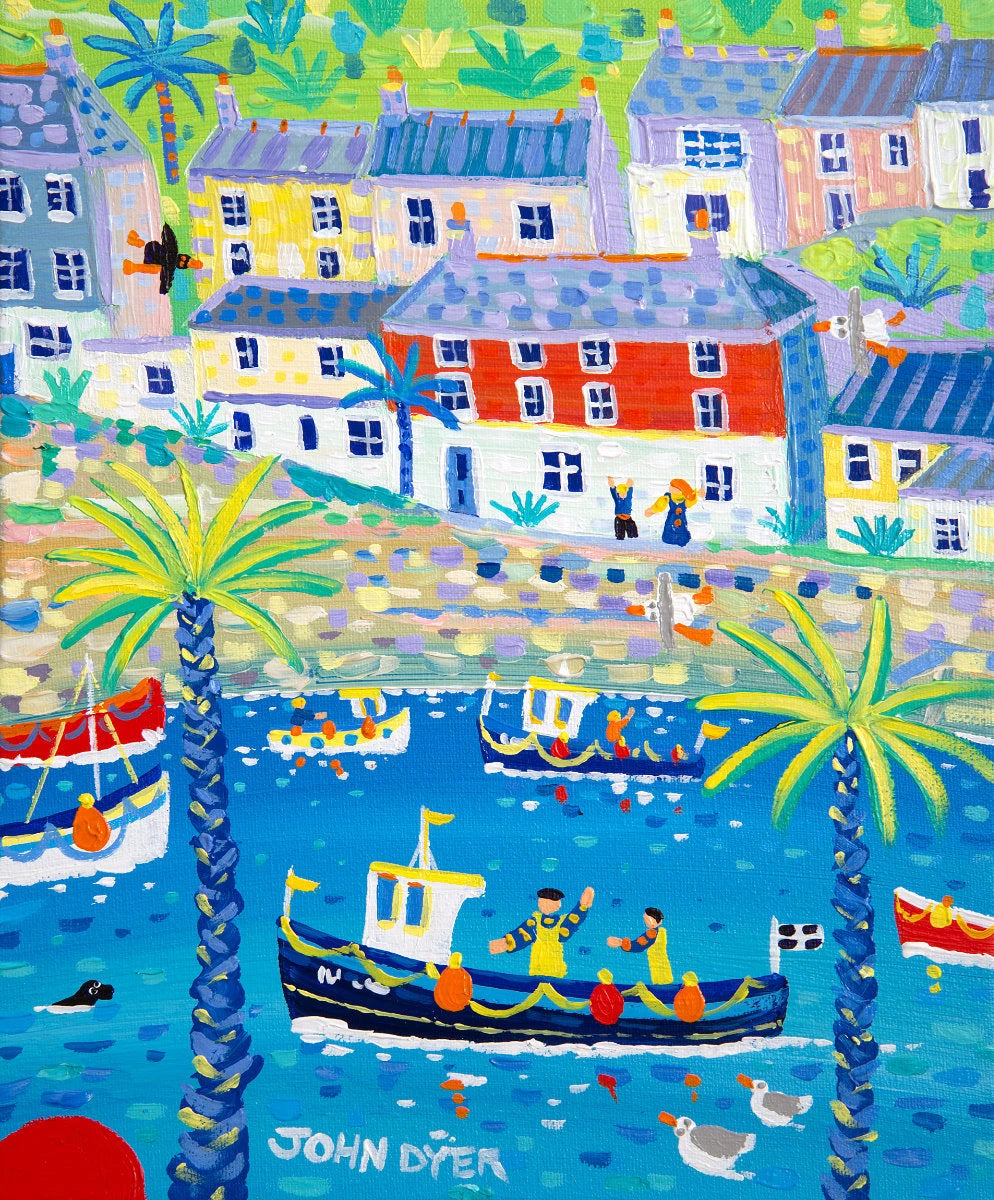 'Waving at the Fishermen, Mevagissey', 12 x 10 inches acrylic on canvas. Cornwall Art Gallery Painting by John Dyer. John Dyer