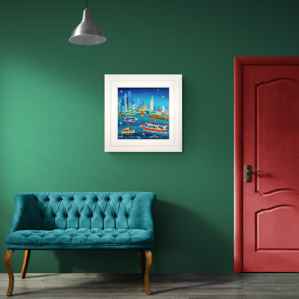 'Sailing around Manhattan, New York', 18x18 inches acrylic on canvas. Paintings of America by British Artist John Dyer. American Art Gallery