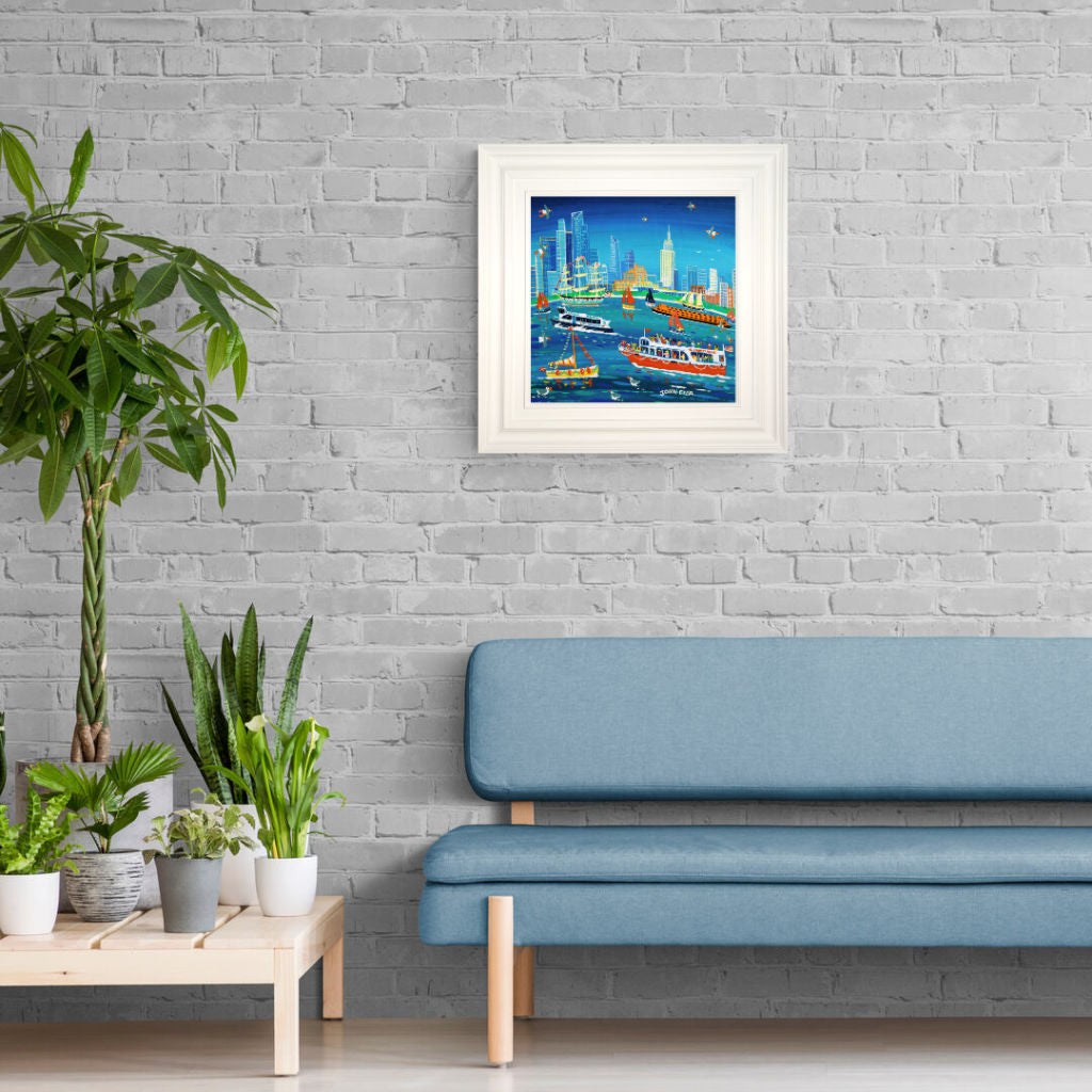 'Sailing around Manhattan, New York', 18x18 inches acrylic on canvas. Paintings of America by British Artist John Dyer. American Art Gallery