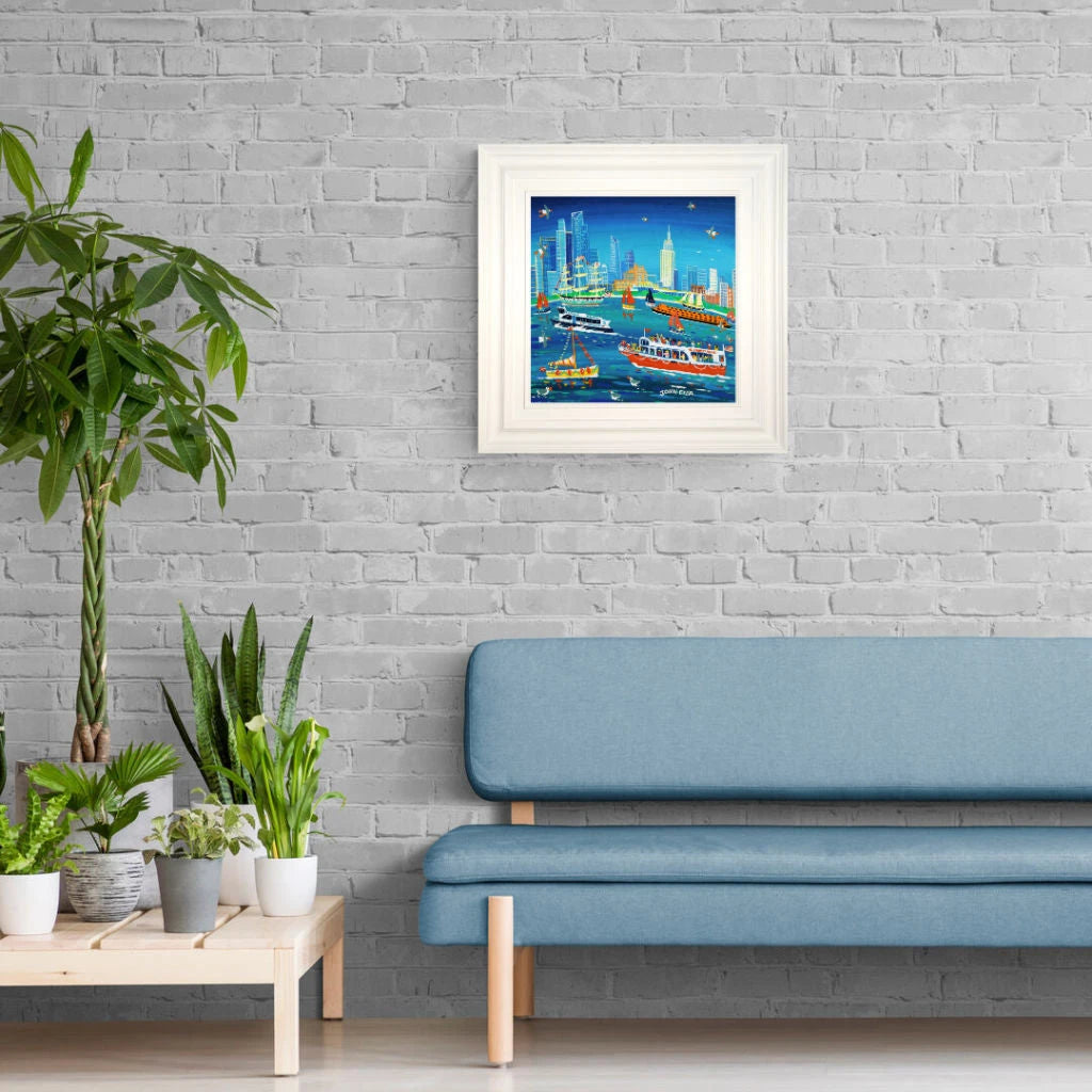 'Sailing around Manhattan, New York', 18x18 inches acrylic on canvas. Paintings of America by British Artist John Dyer. American Art Gallery John Dyer