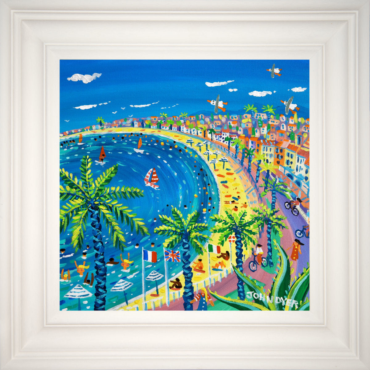'Cycling and Swimming in Nice', 12x12 inches acrylic on canvas. Paintings of France by British Artist John Dyer. French Art Gallery