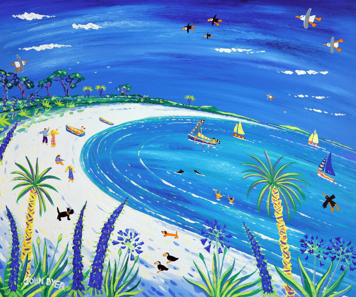 'Puffins at Pentle Bay, Tresco'. 33x40 inches original art acrylic on board. Paintings of Cornwall by Cornish Artist John Dyer. Cornwall Art Gallery John Dyer