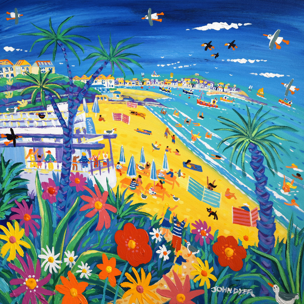 'Walking to Porthminster Beach, St Ives', 24x24 inches acrylic on canvas. Cornwall Painting by Cornish Artist John Dyer. Cornish Art from our Cornwall Art Gallery