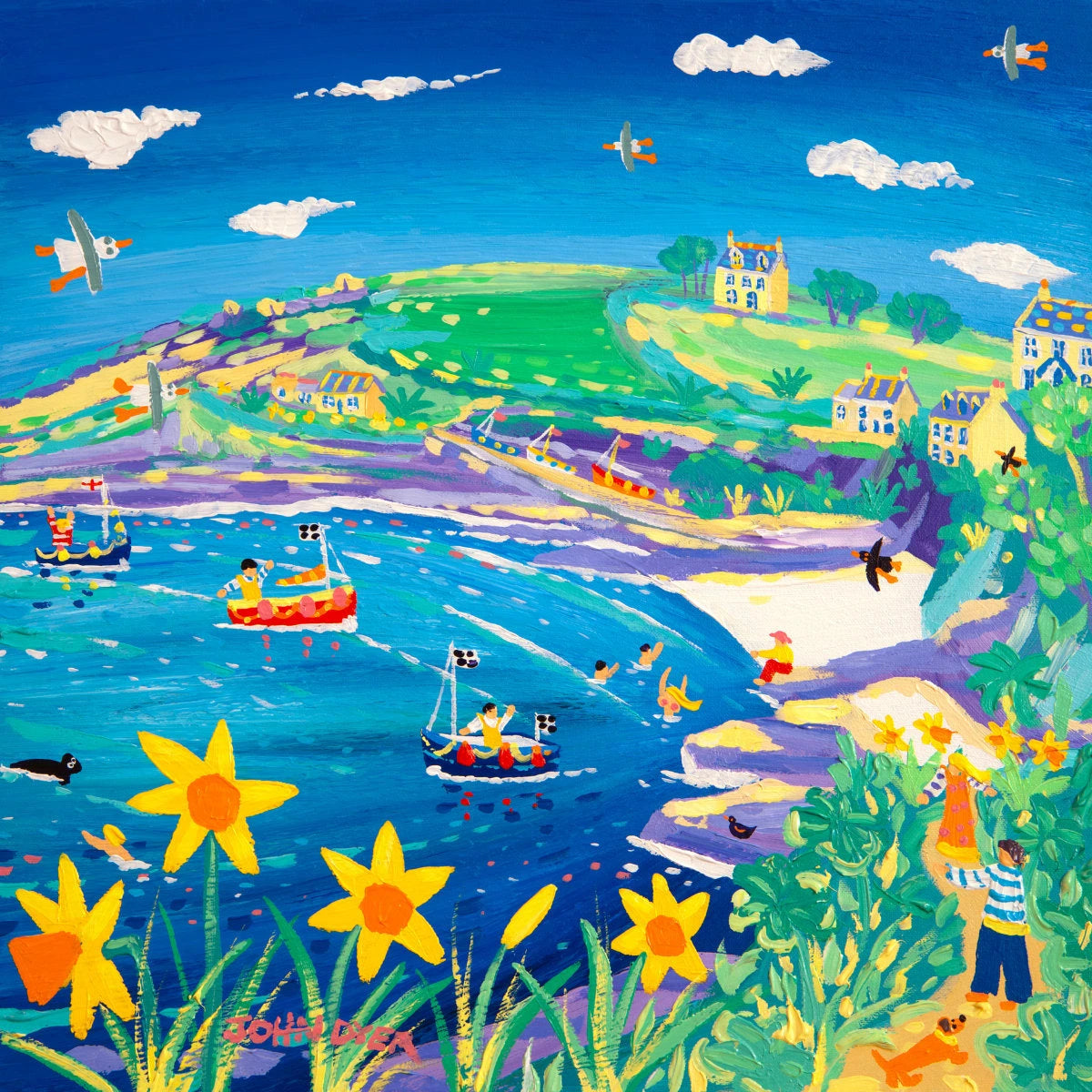 'Springtime Fun at Prussia Cove', 18x18 inches acrylic on canvas. Painting by Cornish Artist John Dyer. Cornish Art from our Cornwall Art Gallery John Dyer