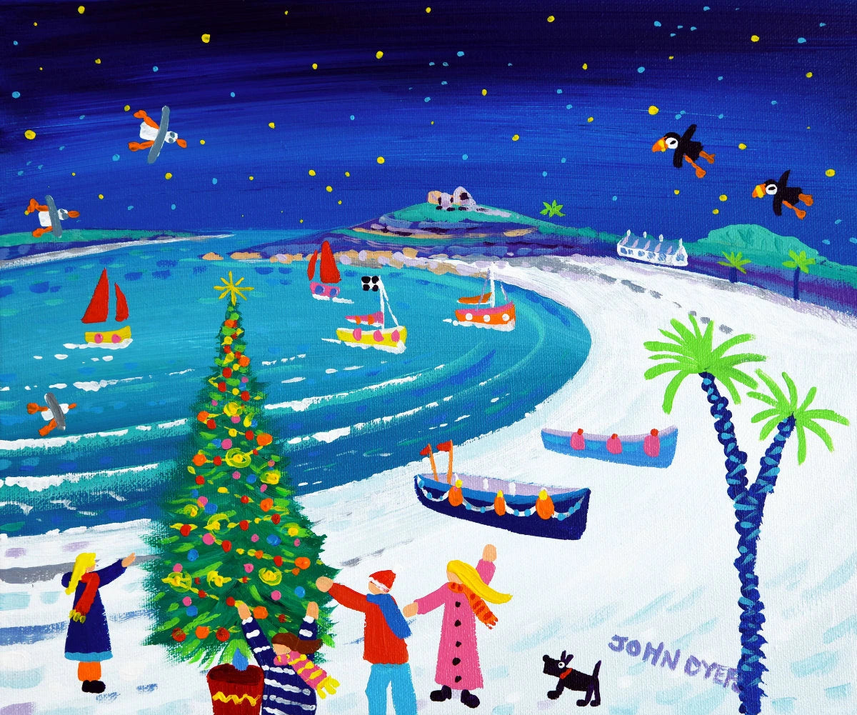 'Christmas on the Beach, Tresco', 10x12 inches acrylic on canvas. Paintings of Cornwall. Cornish Artist John Dyer. Cornwall Art Gallery John Dyer