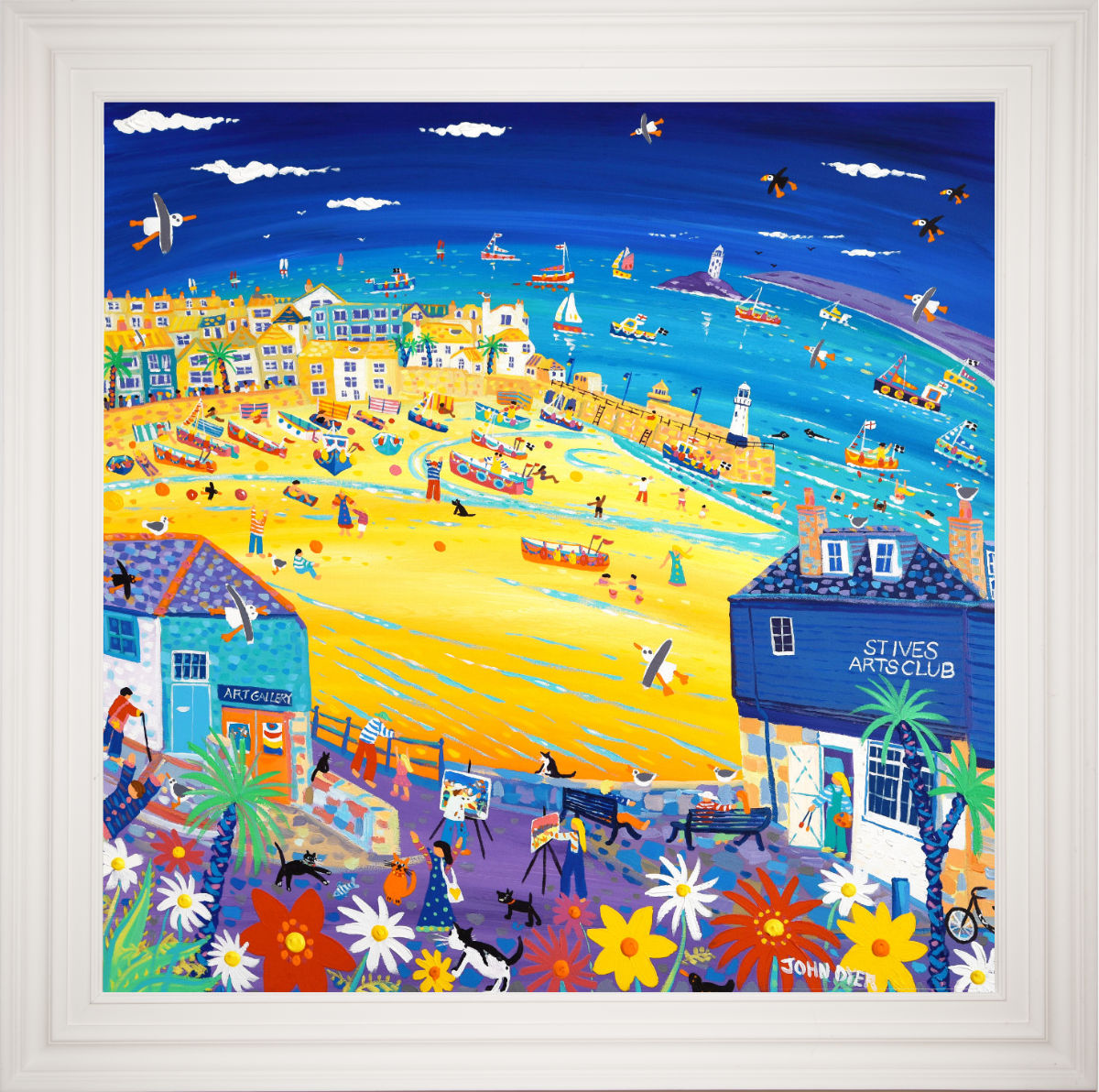 'Arty St Ives', 100x100 cm acrylic on canvas. Paintings of Cornwall by Cornish Artist John Dyer. Cornwall Art Gallery