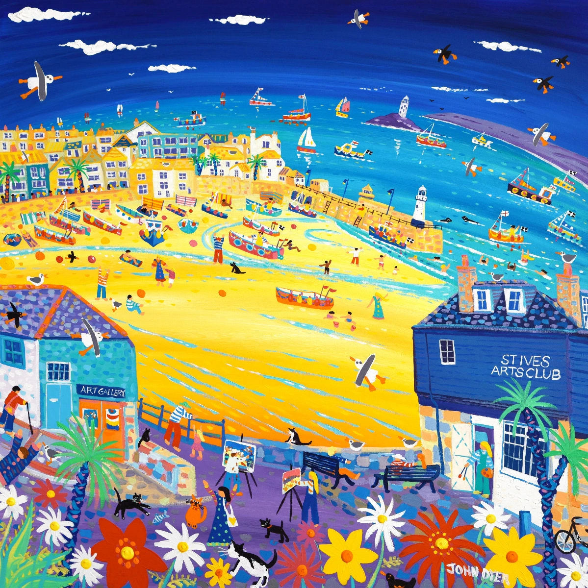 'Arty St Ives', 100x100 cm acrylic on canvas. Paintings of Cornwall by Cornish Artist John Dyer. Cornwall Art Gallery John Dyer