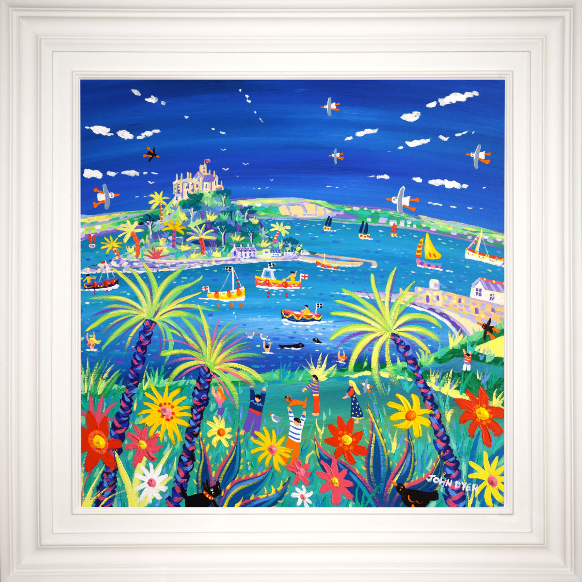 'Swimming with Seals, St Michael's Mount', 24x24 inches acrylic on canvas. Cornwall Painting by Cornish Artist John Dyer. Cornish Art from our Cornwall Art Gallery