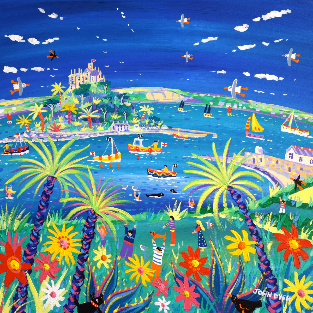 'Swimming with Seals, St Michael's Mount', 24x24 inches acrylic on canvas. Cornwall Painting by Cornish Artist John Dyer. Cornish Art from our Cornwall Art Gallery
