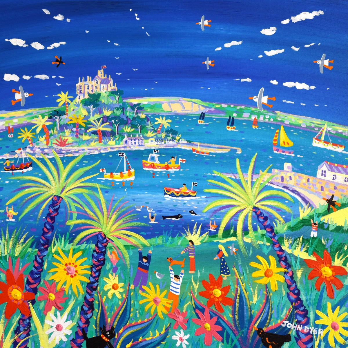 'Swimming with Seals, St Michael's Mount', 24x24 inches acrylic on canvas. Cornish Artist John Dyer. Cornish Art from our Cornwall Art Gallery John Dyer