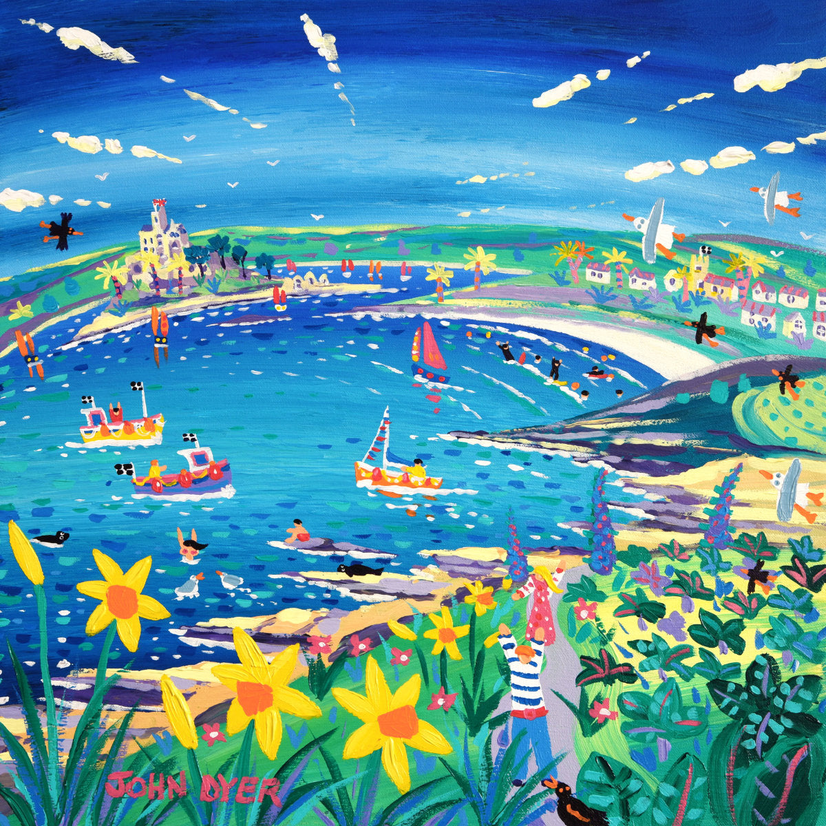 'Springtime Surfing and Sailing, St Michael's Mount', 18x18 inches acrylic on canvas. Cornwall Painting by Cornish Artist John Dyer. Cornish Art from our Cornwall Art Gallery