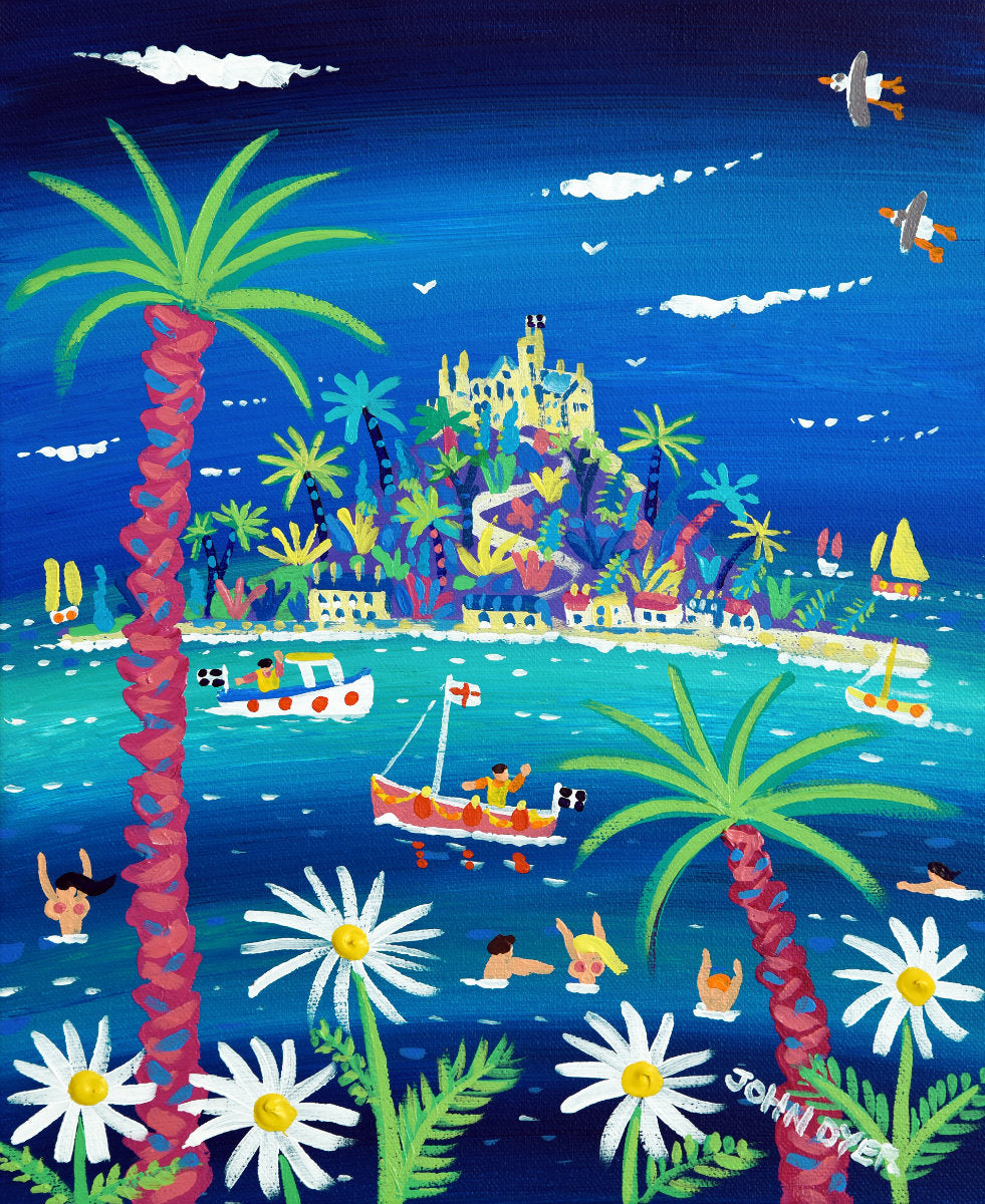 'Mount's Bay Skinny Dippers', 12x10 inches acrylic on canvas. Paintings of Cornwall. Cornish Artist John Dyer. Cornwall Art Gallery